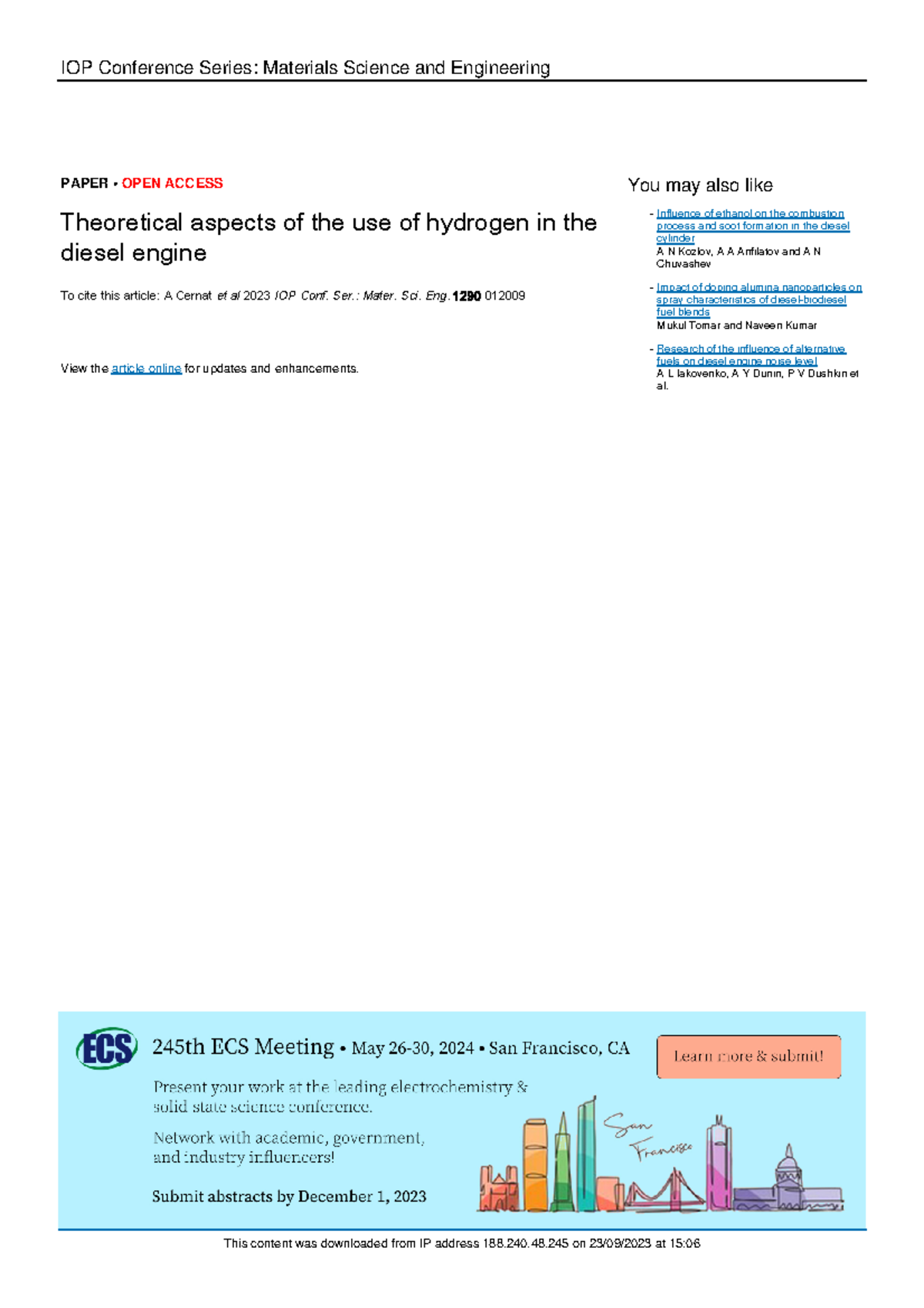 2023 Theoretical aspects of the use of hydrogen in the diesel engine ...