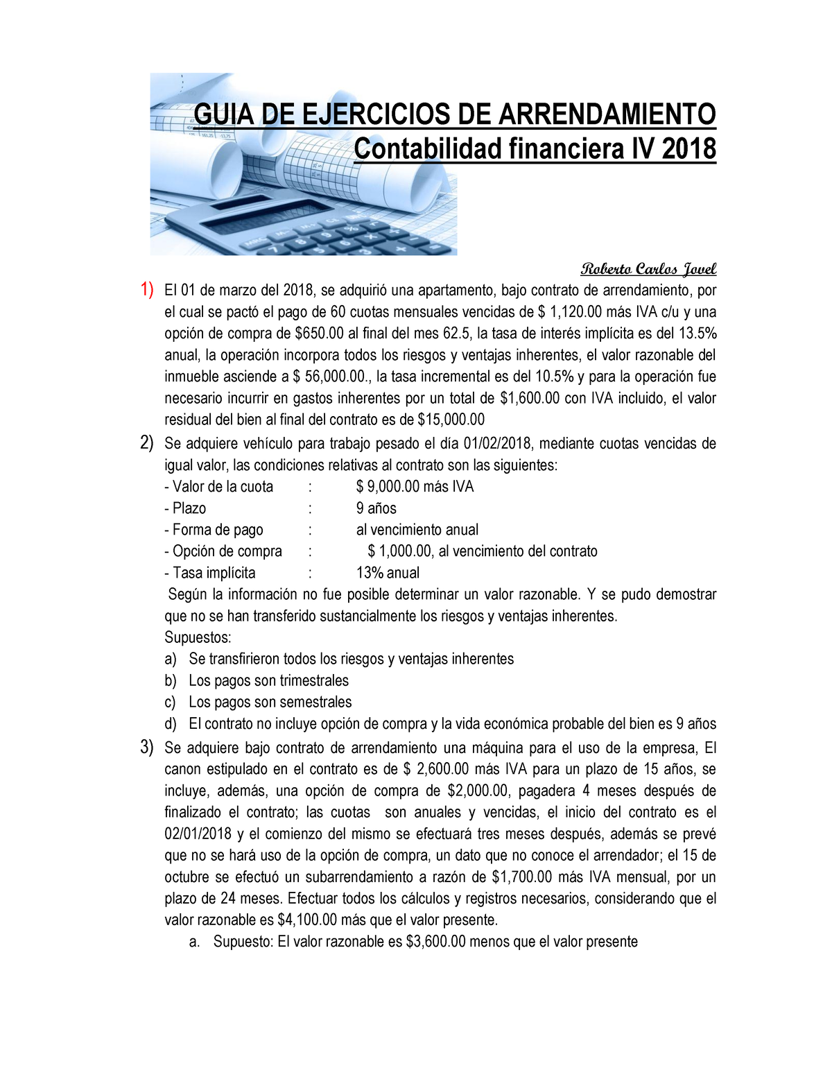 Guia De Ejercicios De Arrendamiento 2018 Guia De Ejercicios De Arrendamiento Contabilidad 0374