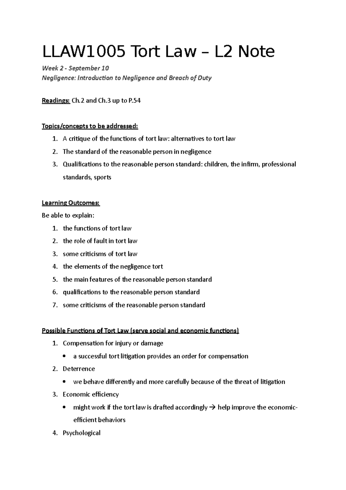 L2 note (LLAW1005) - add oil - LLAW1005 Tort Law – L2 Note Week 2 ...