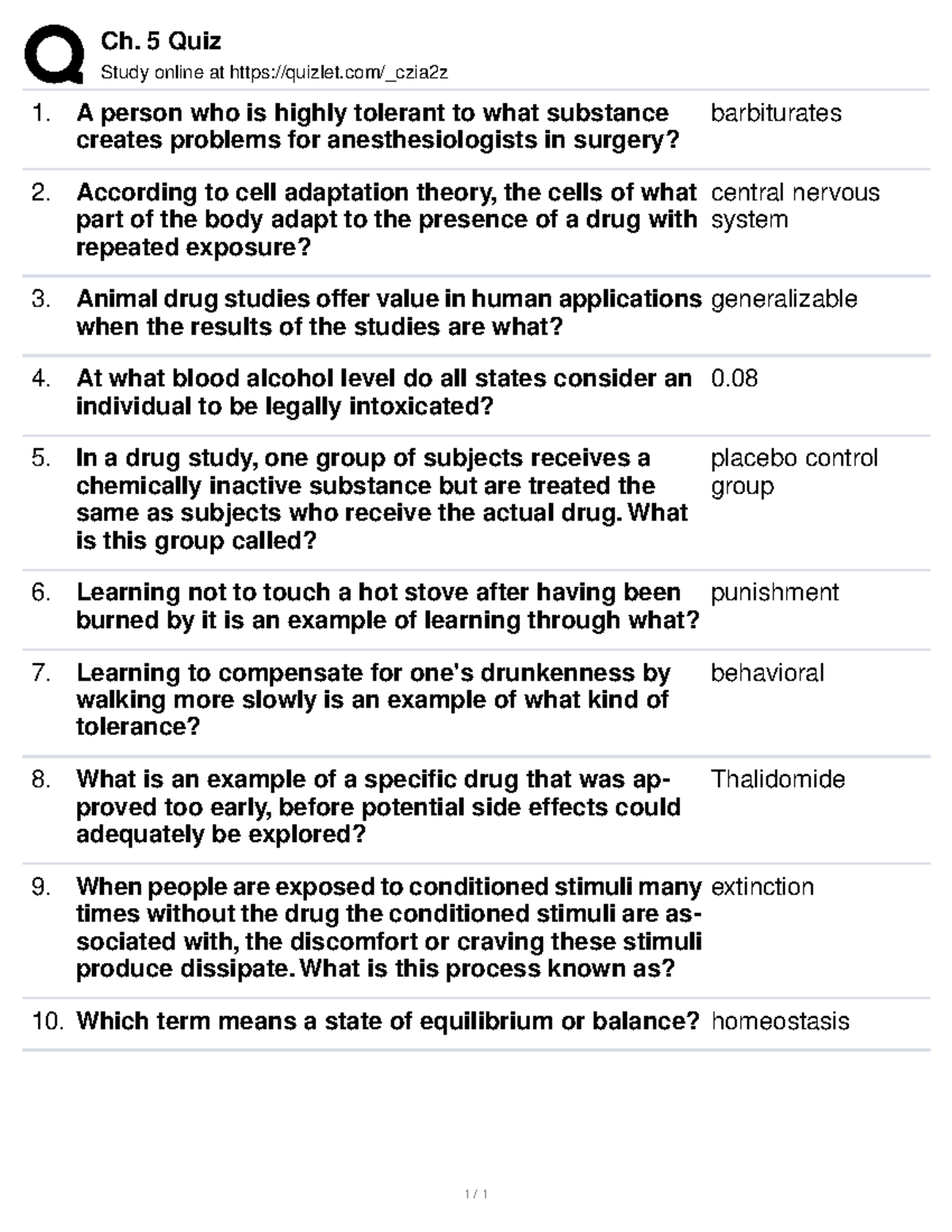 Ch. 5 Quiz - Drugs And Behavior In Psychology (PSYC 4060) - Ch. 5 Quiz ...