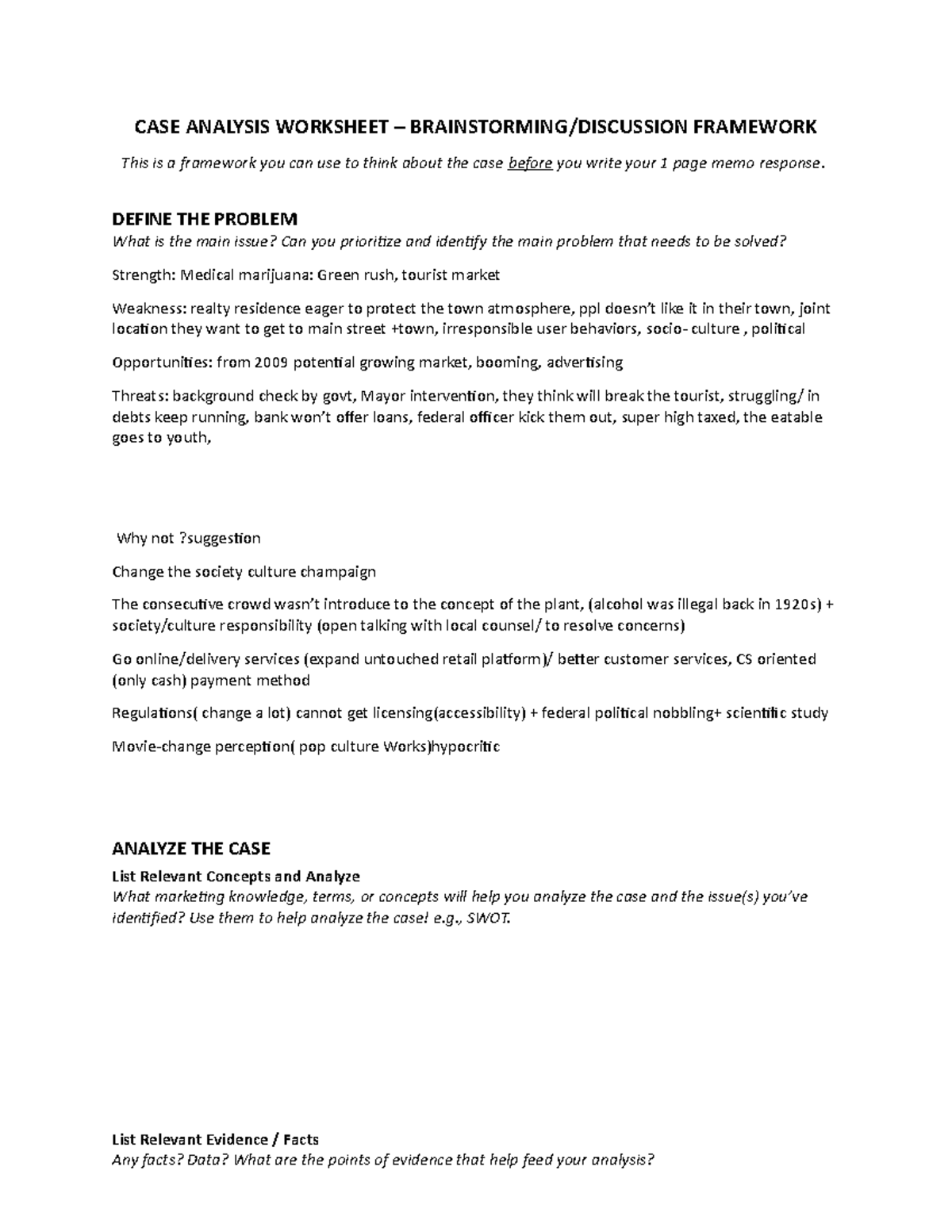 Case Analysis Discussion and Brainstorming Worksheet CASE ANALYSIS