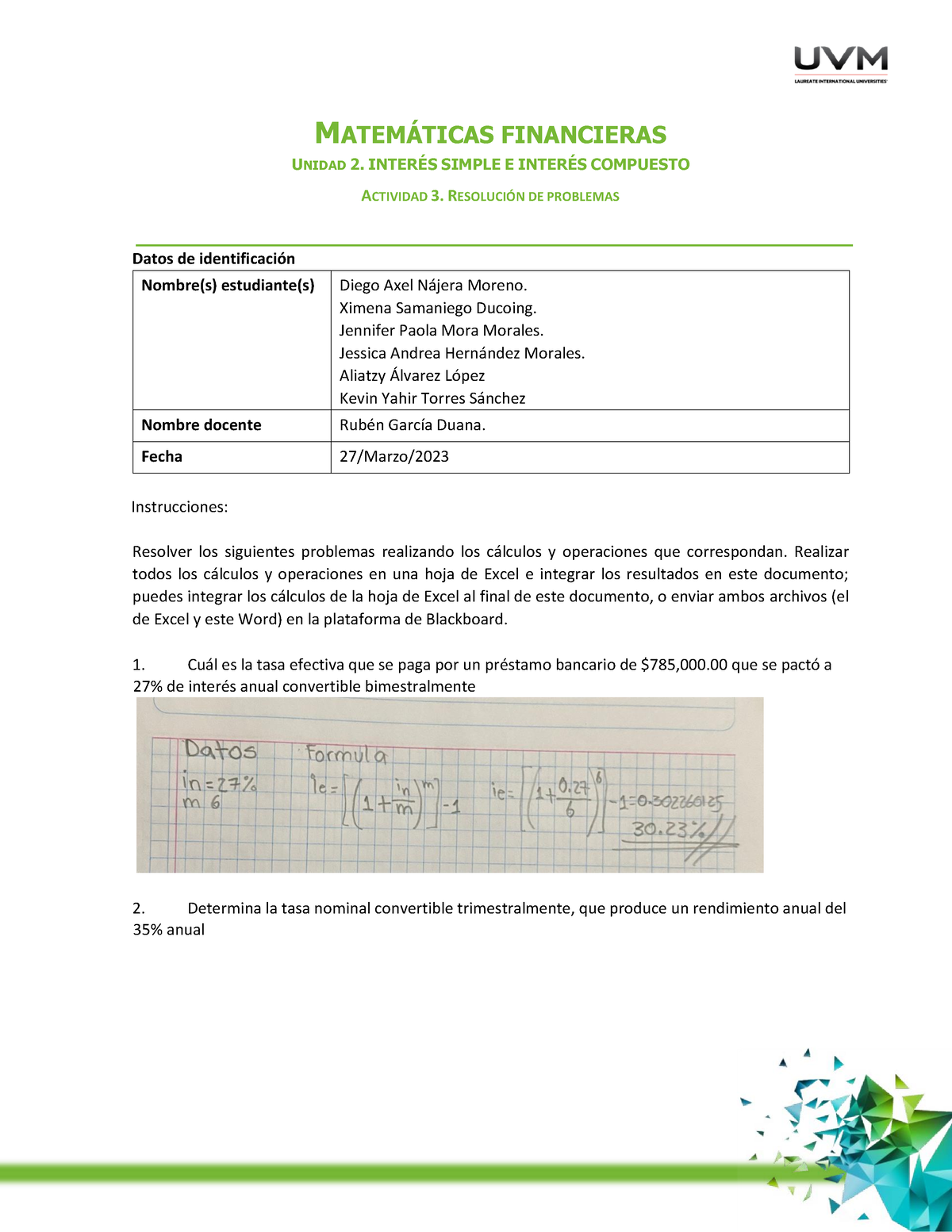 A3 - Tarea - MATEM¡TICAS FINANCIERAS UNIDAD 2. INTER.. SIMPLE E INTER ...