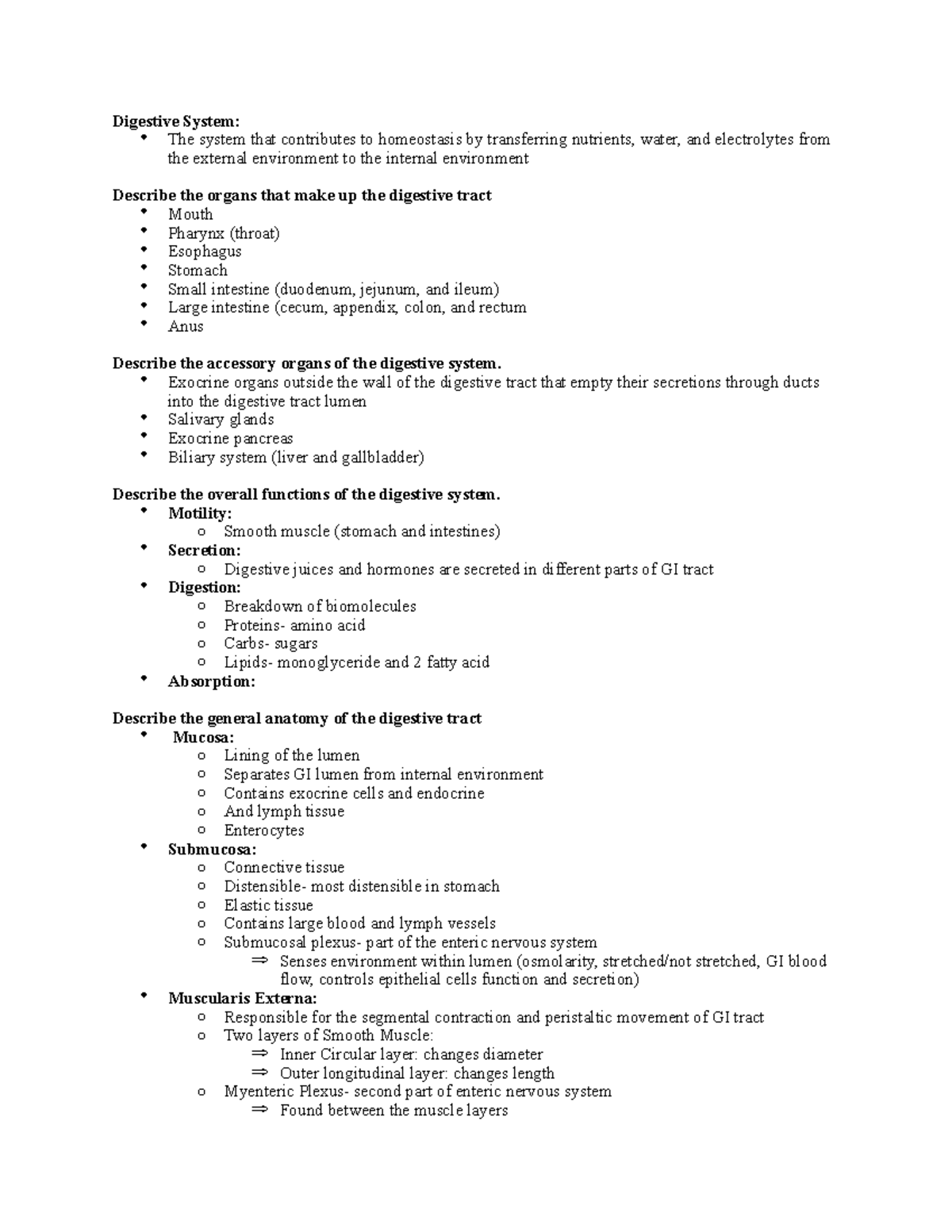 BIO 242 Final SG - lecture notes - Digestive System: • The system that ...