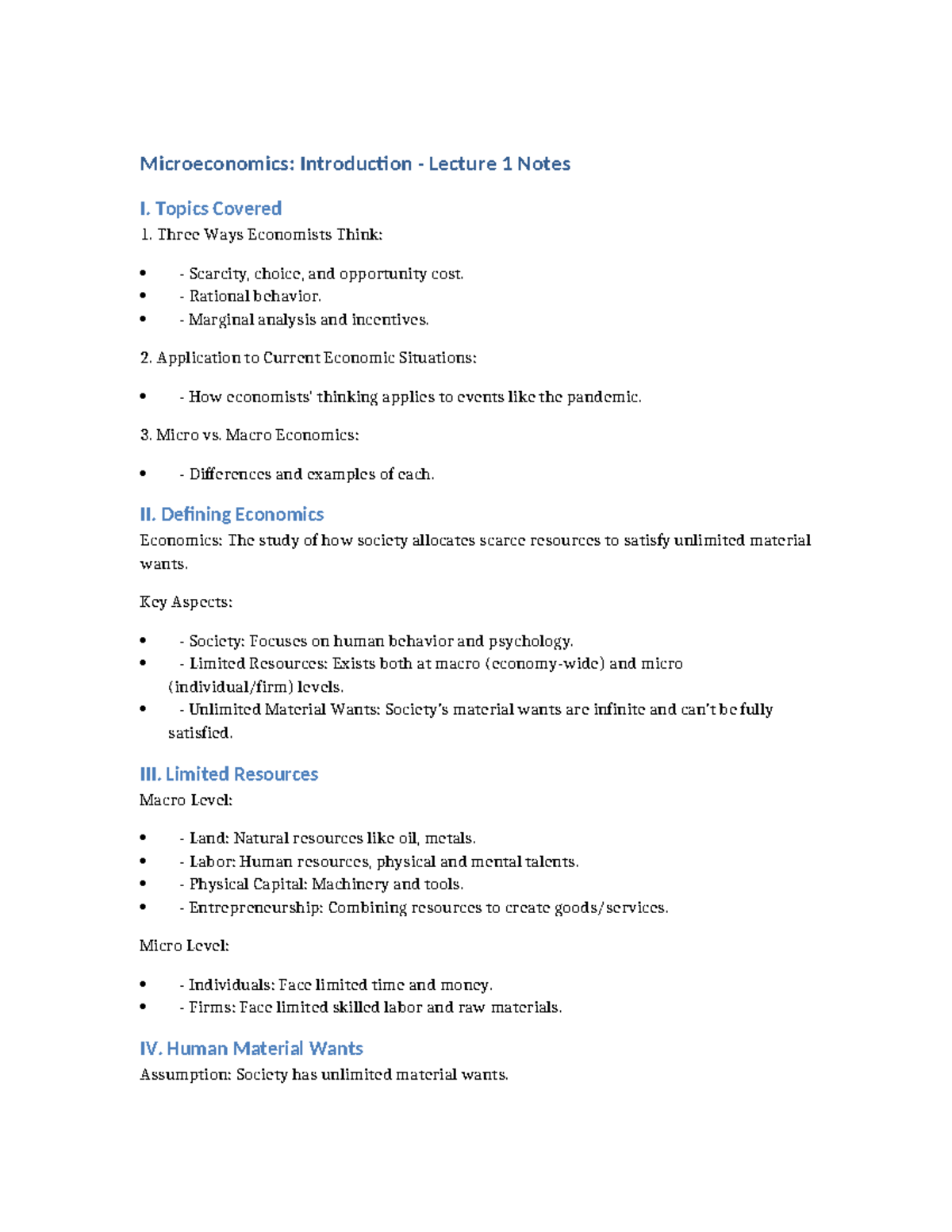 Microeconomics Introduction Lecture 1 Notes - Microeconomics ...