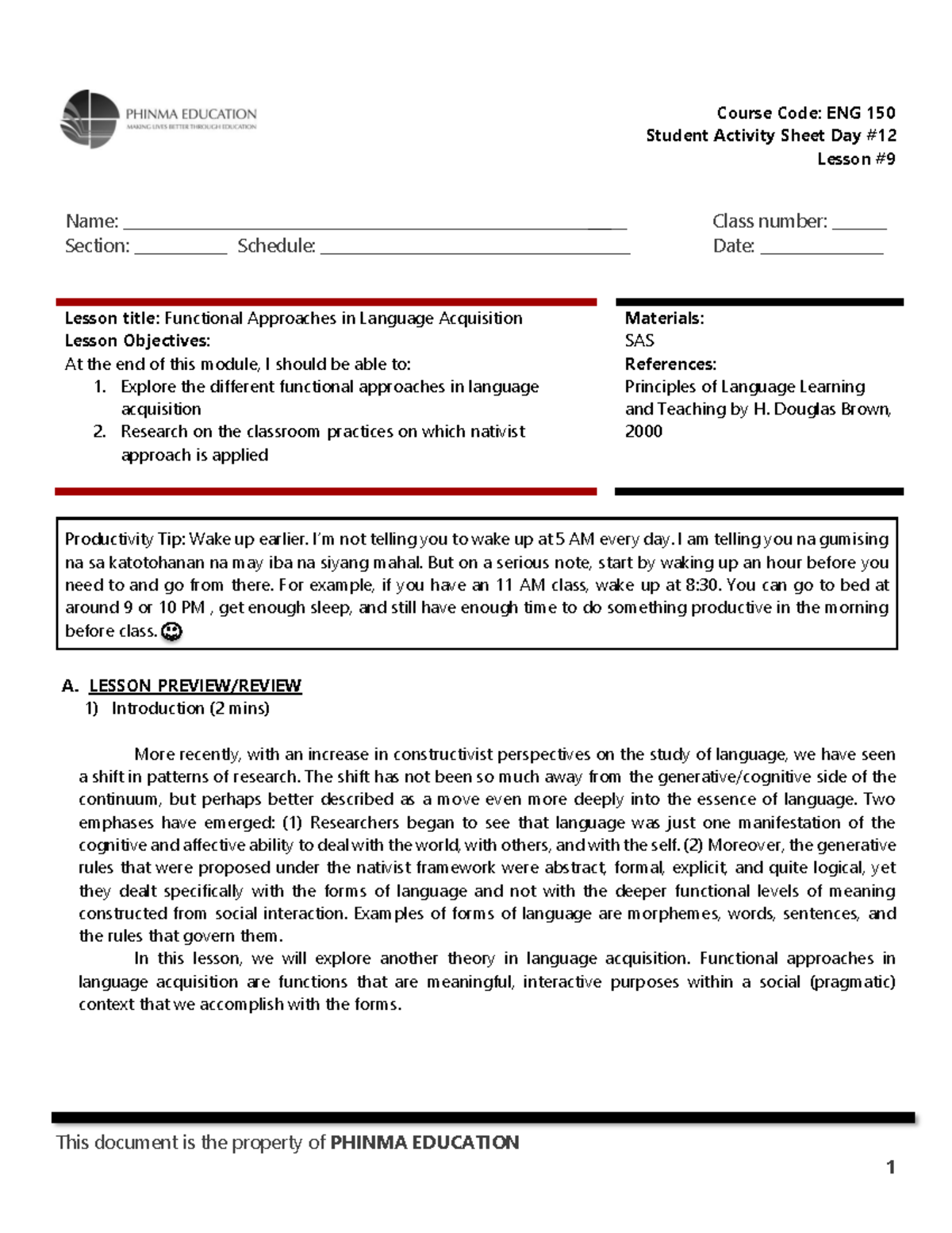 SAS 12 ENG 150 - Language Acquisition - Student Activity Sheet Day ...