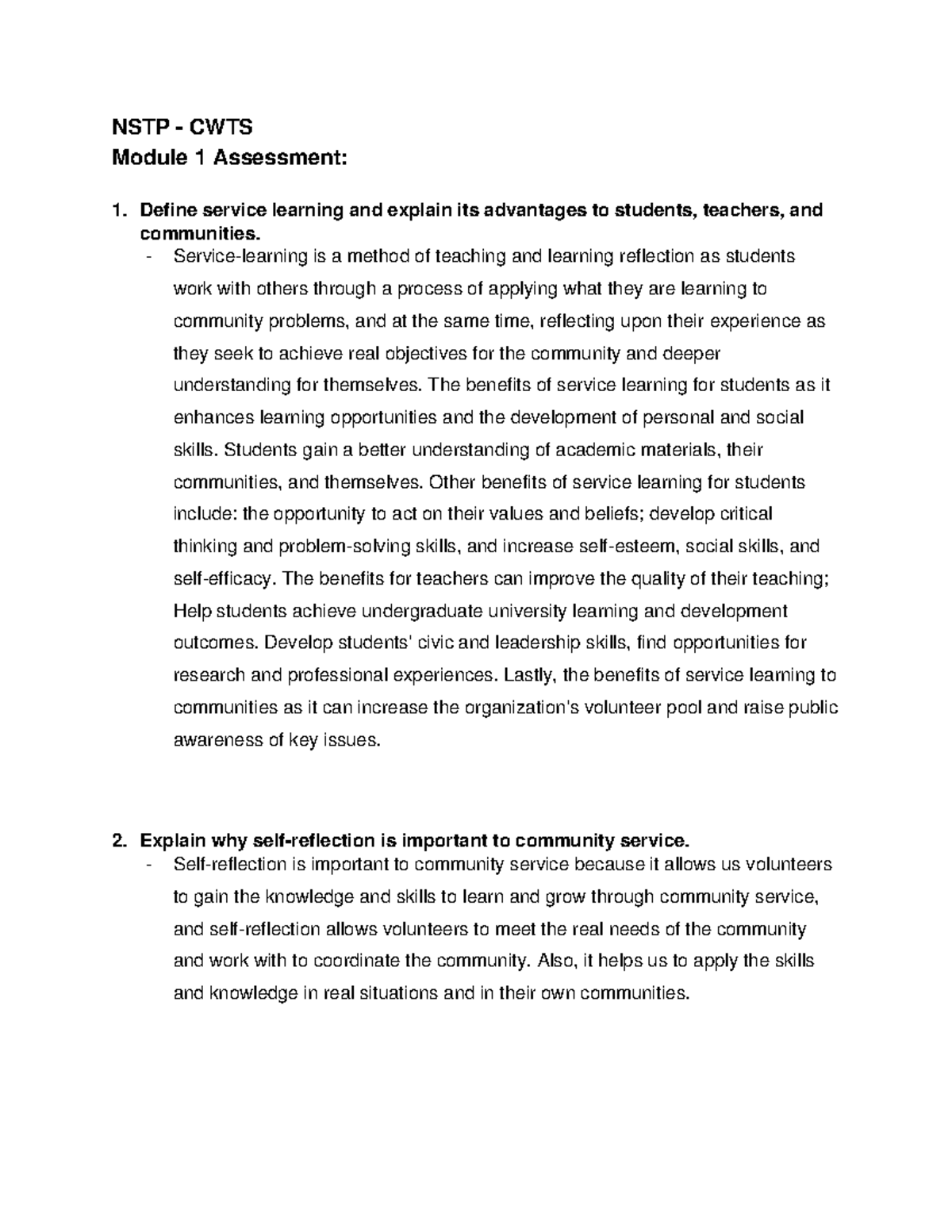 Cwts - ASSESSMENT - NSTP - CWTS Module 1 Assessment: 1. Define Service ...