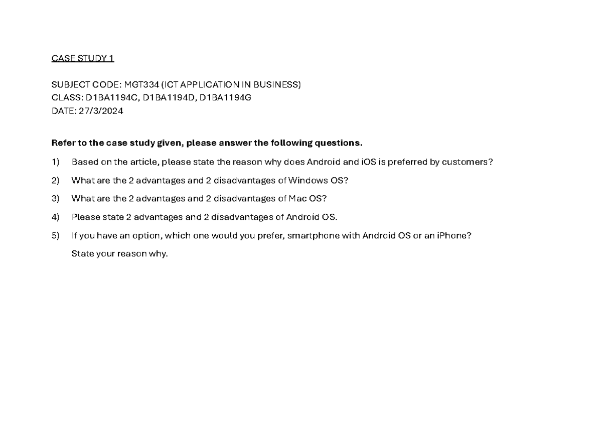 Case Study 1 MGT334 - tutorial - CASE STUDY 1 SUBJECT CODE: MGT334 (ICT ...