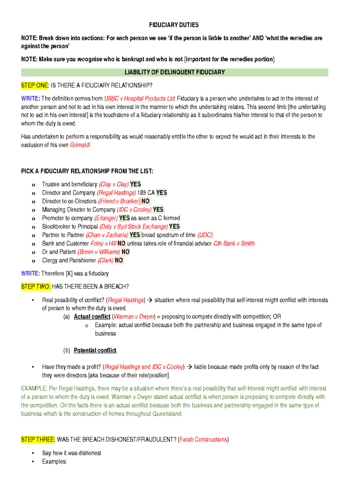 Fiduciary Duties - FIDUCIARY DUTIES NOTE: Break down into sections: For