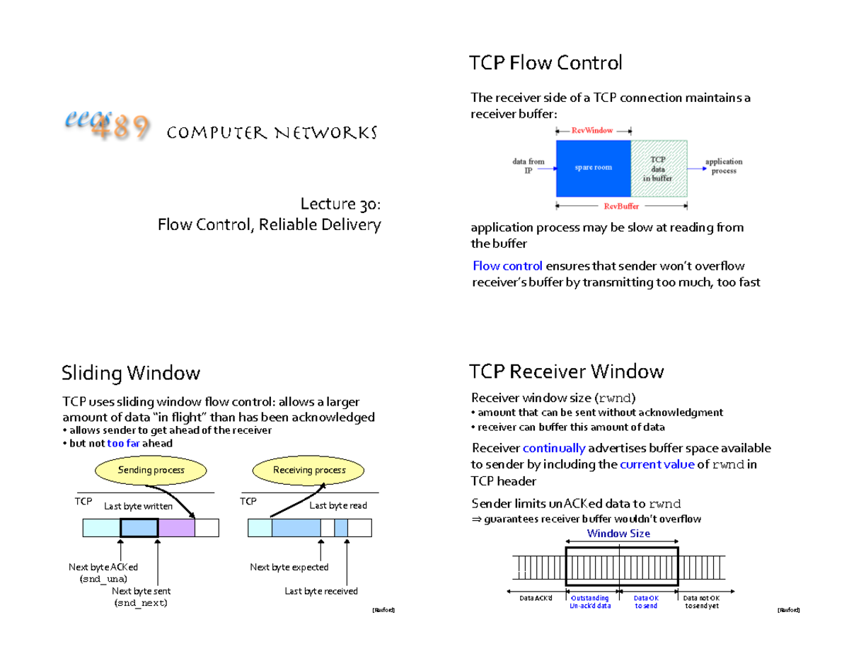 Lecture notes, lecture 30 - TCP Flow Control Computer Networks The ...