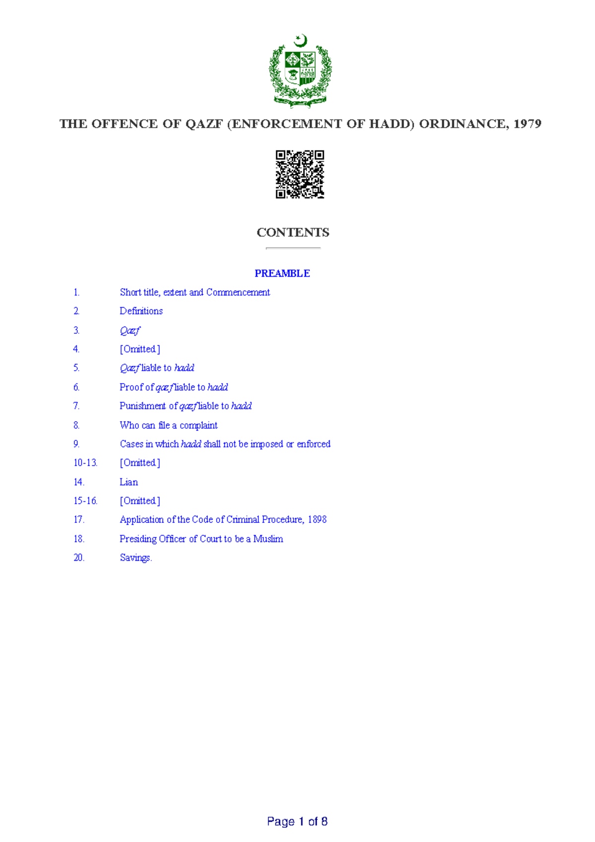 Offence of Qazf (Enforcement of Hadd) Ordinance, 1979 THE OFFENCE OF