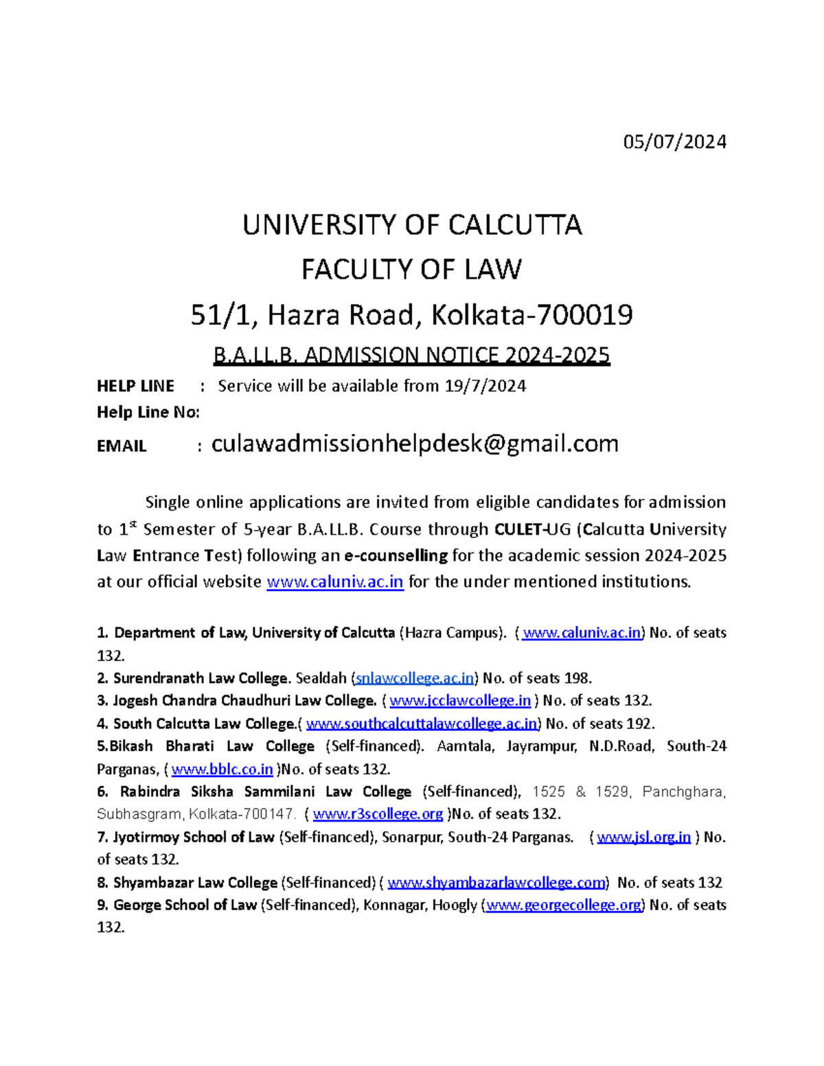 B.A.LL.B. Admission Notice, 2024-2025 - 05/07/ UNIVERSITY OF CALCUTTA ...