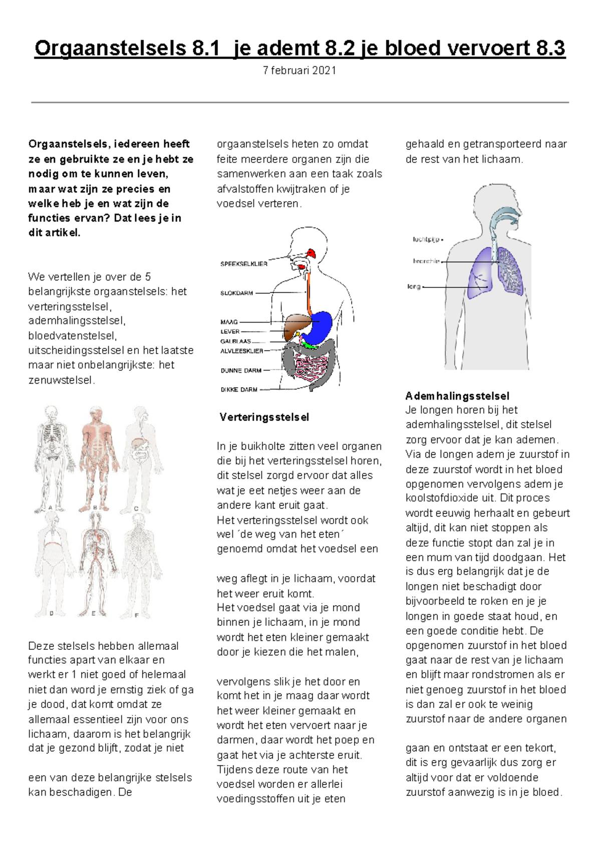 Bio Opdracht 8.1 8.2 8 - Jqjja - 7 Februari 2021 Orgaanstelsels ...