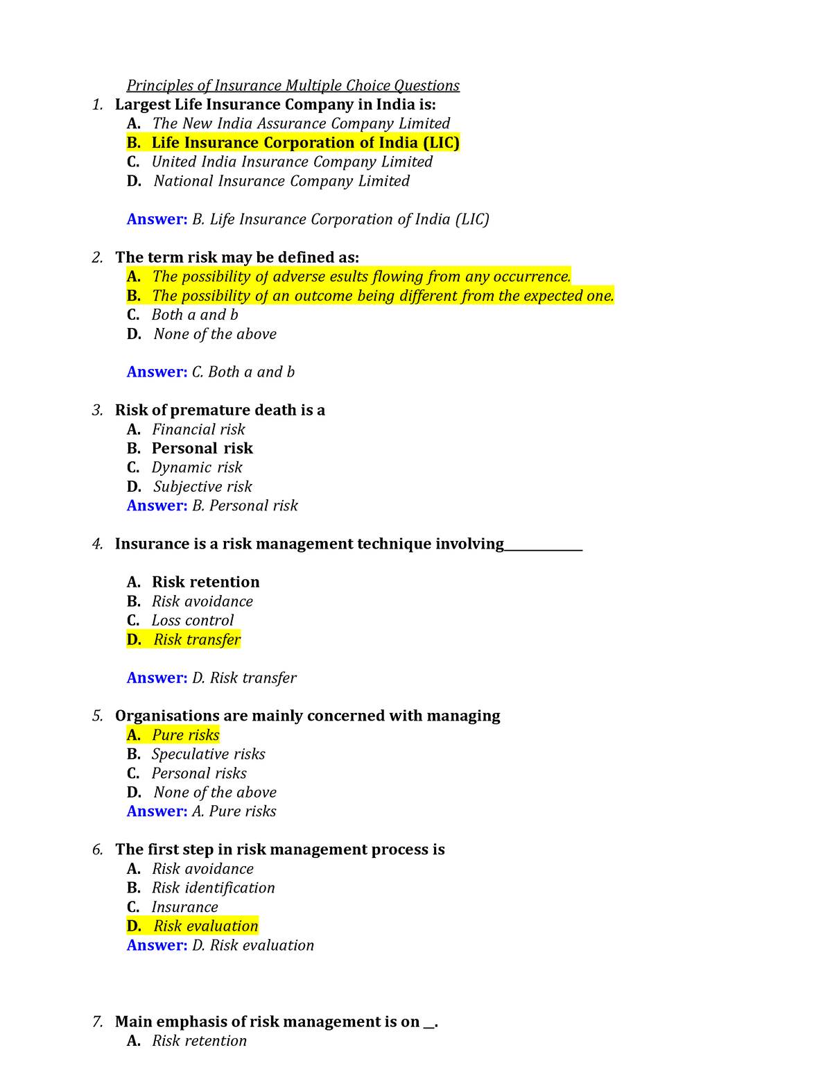 case study questions on principles of insurance