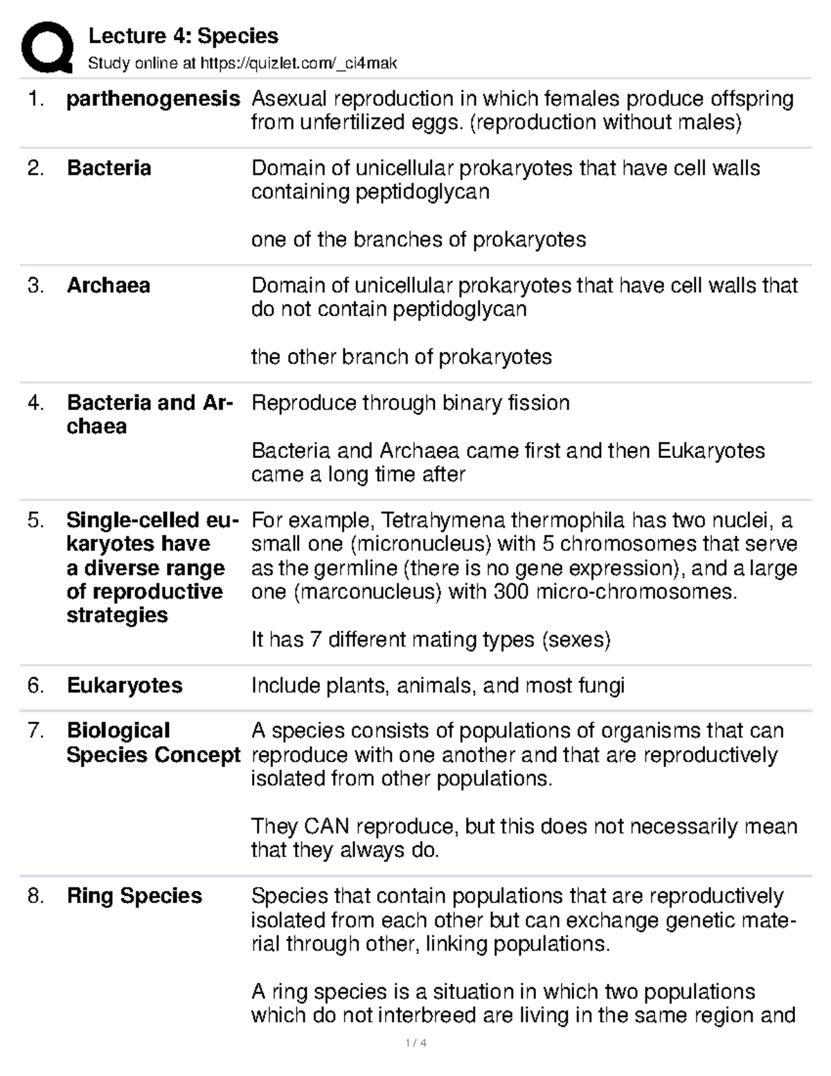 Study Guide Lecture 4 Study online at quizlet/_ci4mak parthenogenesis Asexual reproduction in