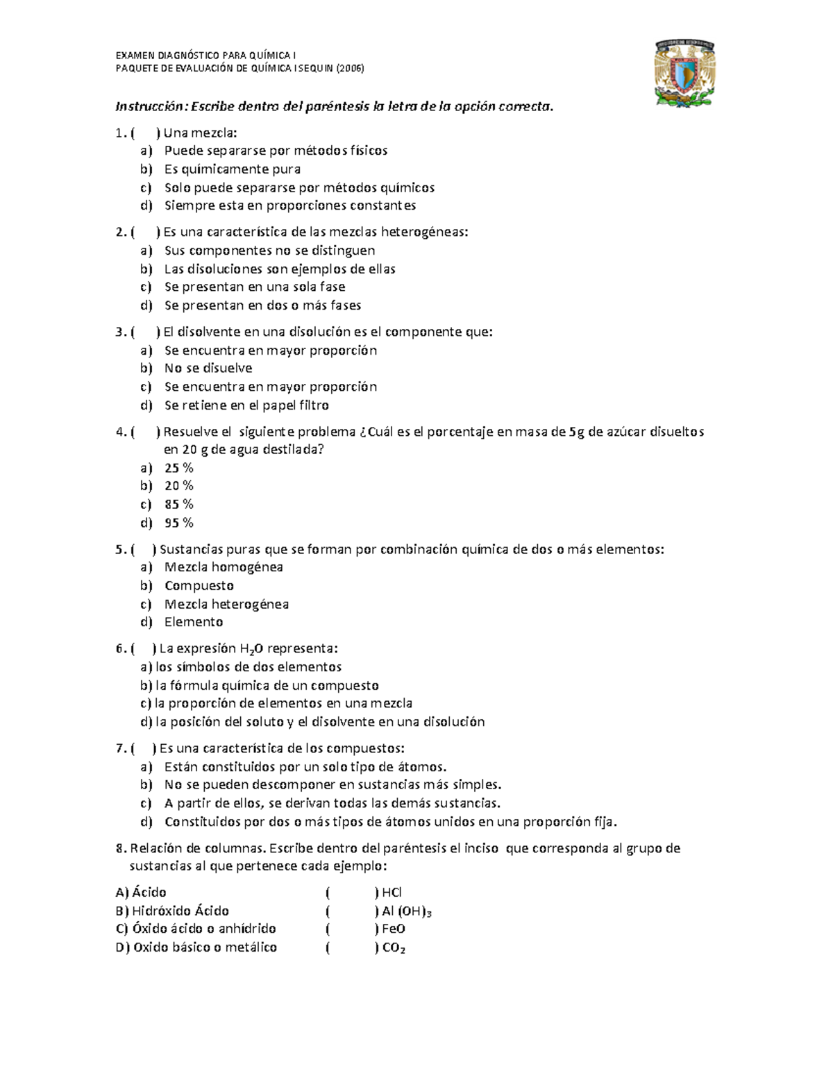 Examen Diagnostico Q - EXAMEN DIAGNÓSTICO PARA QUÍMICA I PAQUETE DE ...