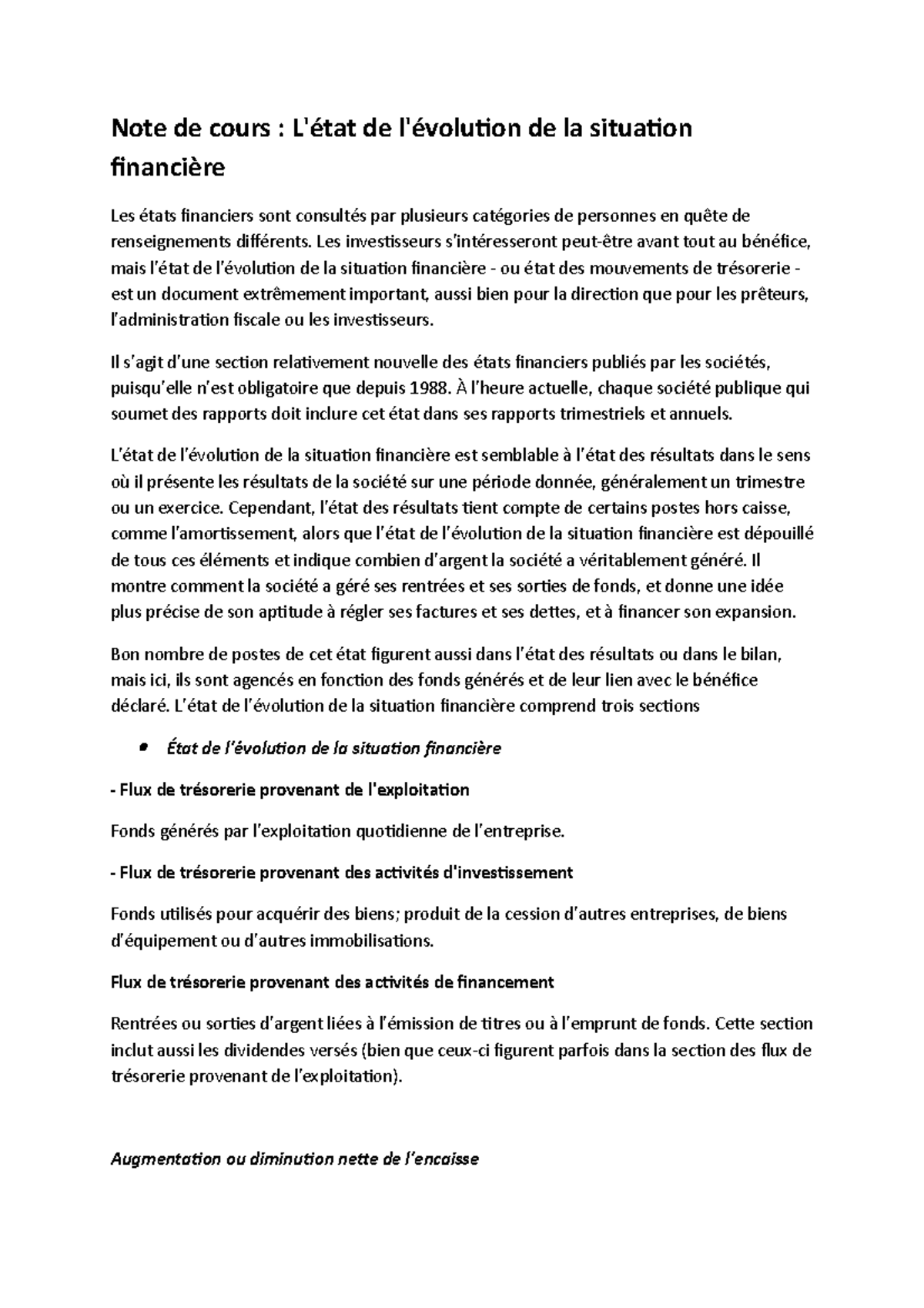 Note De Cours L état De L évolution De La Situation Financière Note