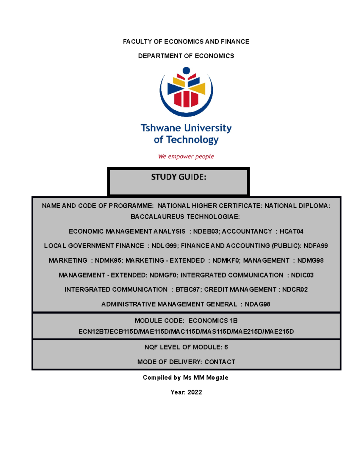 2022 Study Guide ECON 1B - FACULTY OF ECONOMICS AND FINANCE DEPARTMENT ...