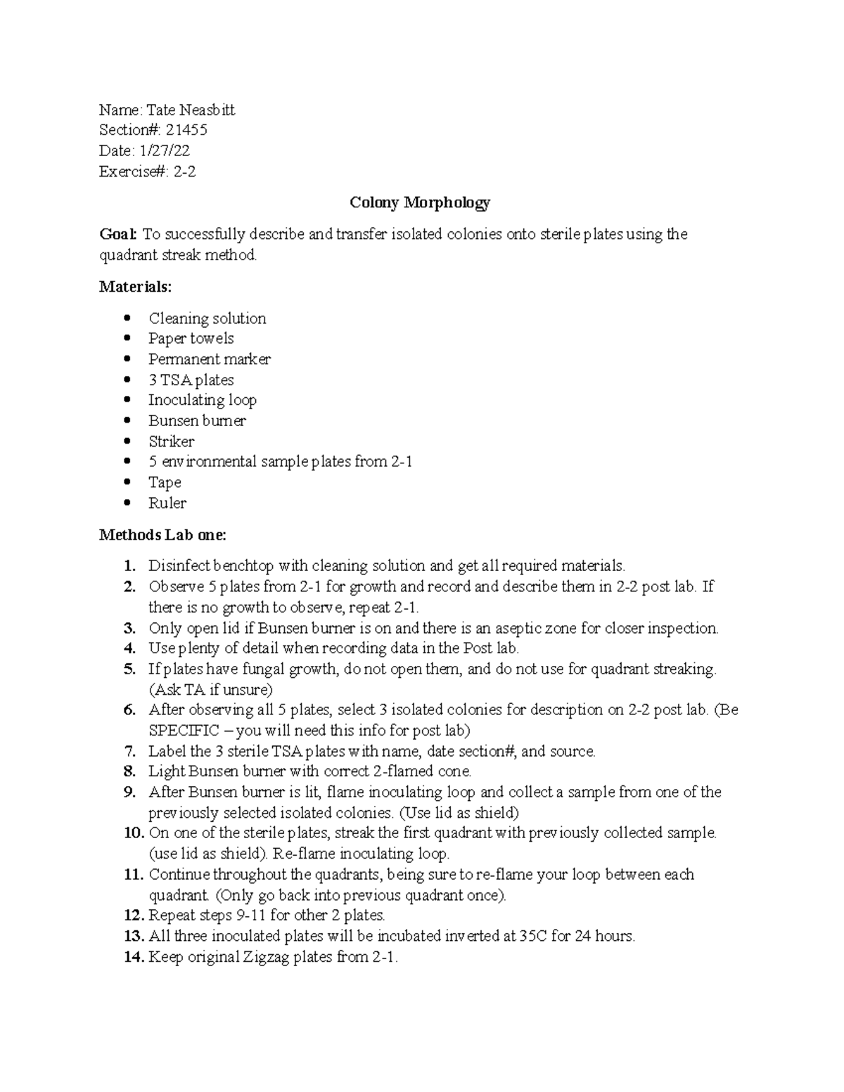 Pre Lab 2-2 - Pre lab for assignment 2-2 - Name: Tate Neasbitt Section ...