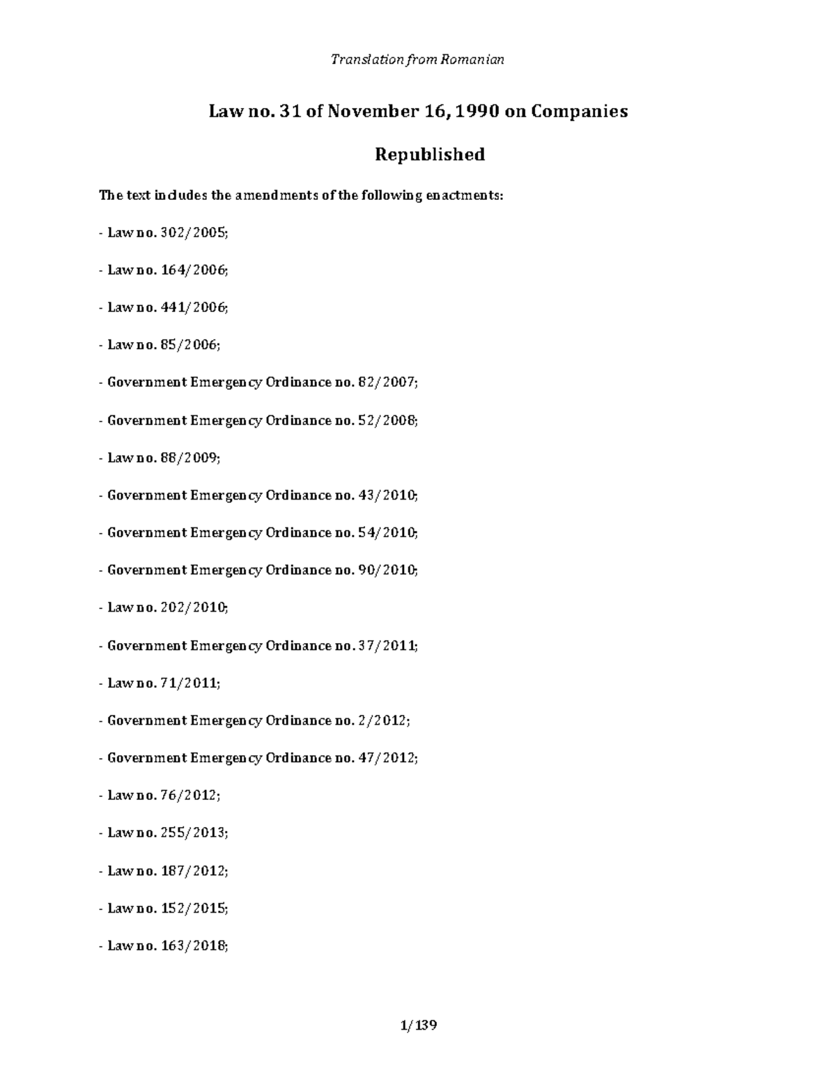 Legea 31 1990 engleza Law no. 31 of November 16, 1990 on Companies