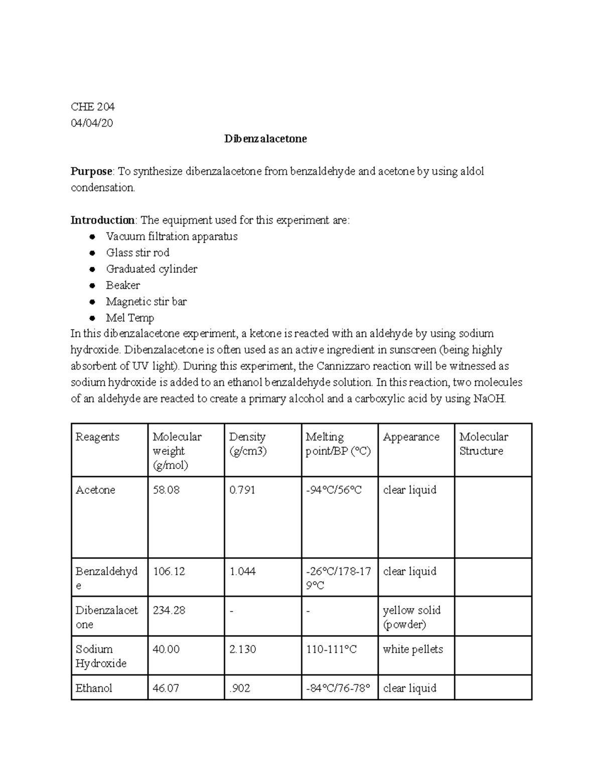 Copy Of Dibenzalacetone - CHE 204 04/04/ Dibenzalacetone Purpose: To ...