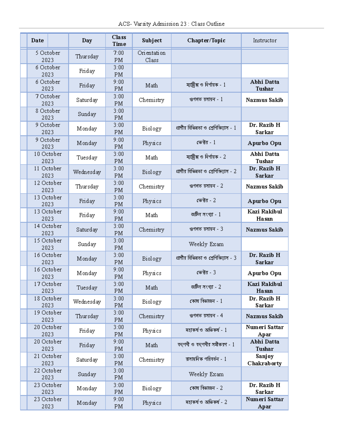 ACS Varsity Routine 2023 ACS Varsity Admission 23 Class Outline