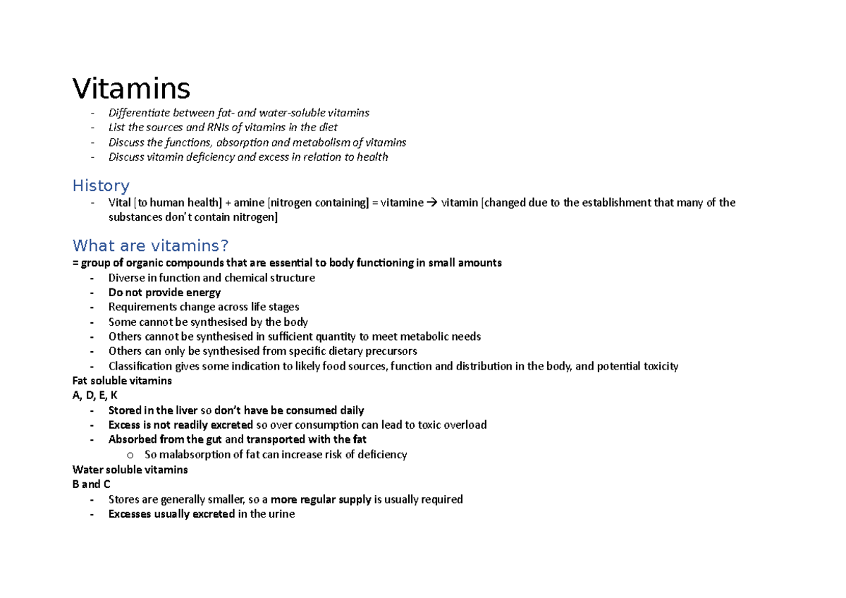 Vitamins and minerals Vitamins Differentiate between fat and water