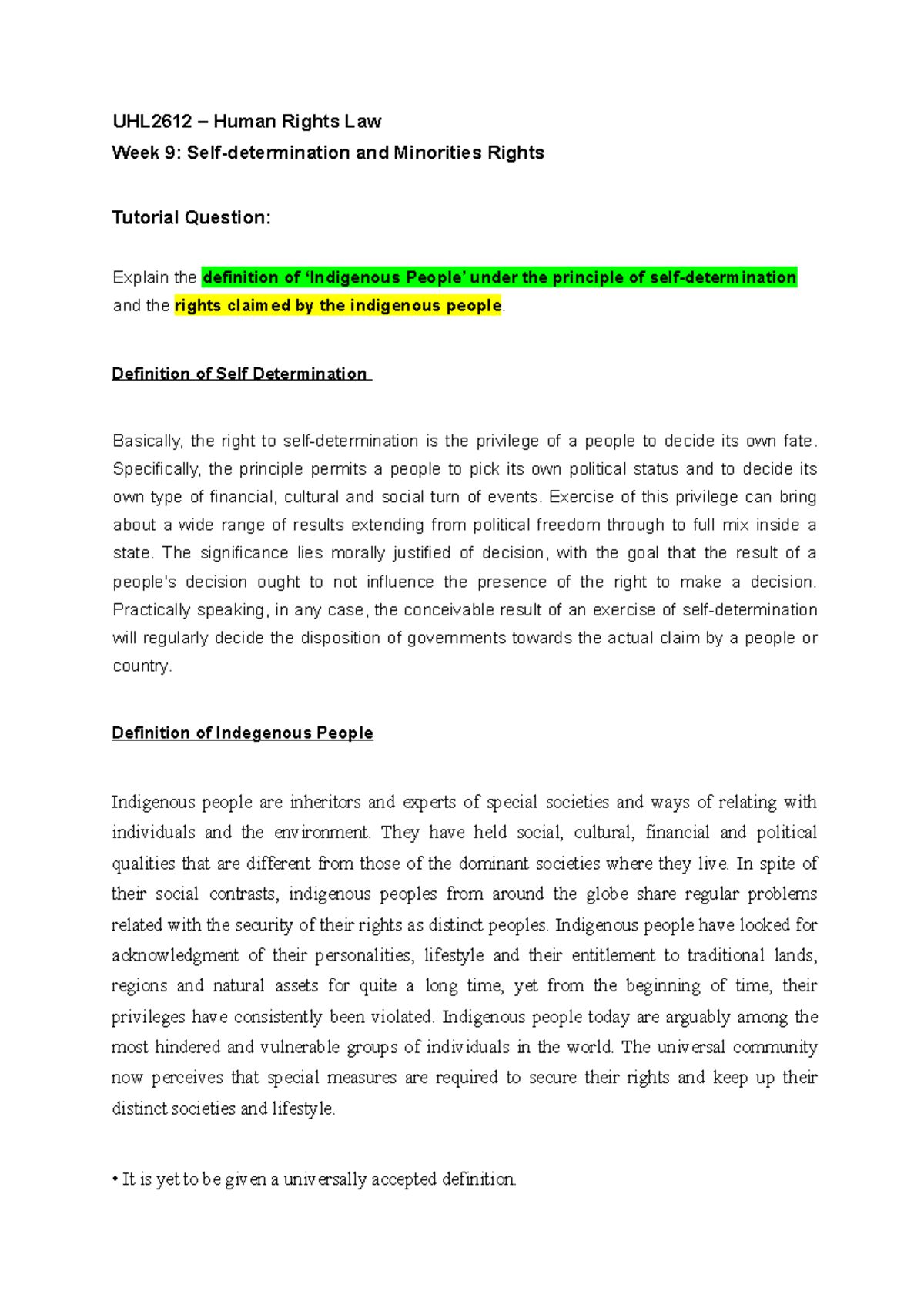 Tuto - Self Determination - UHL2612 – Human Rights Law Week 9: Self ...