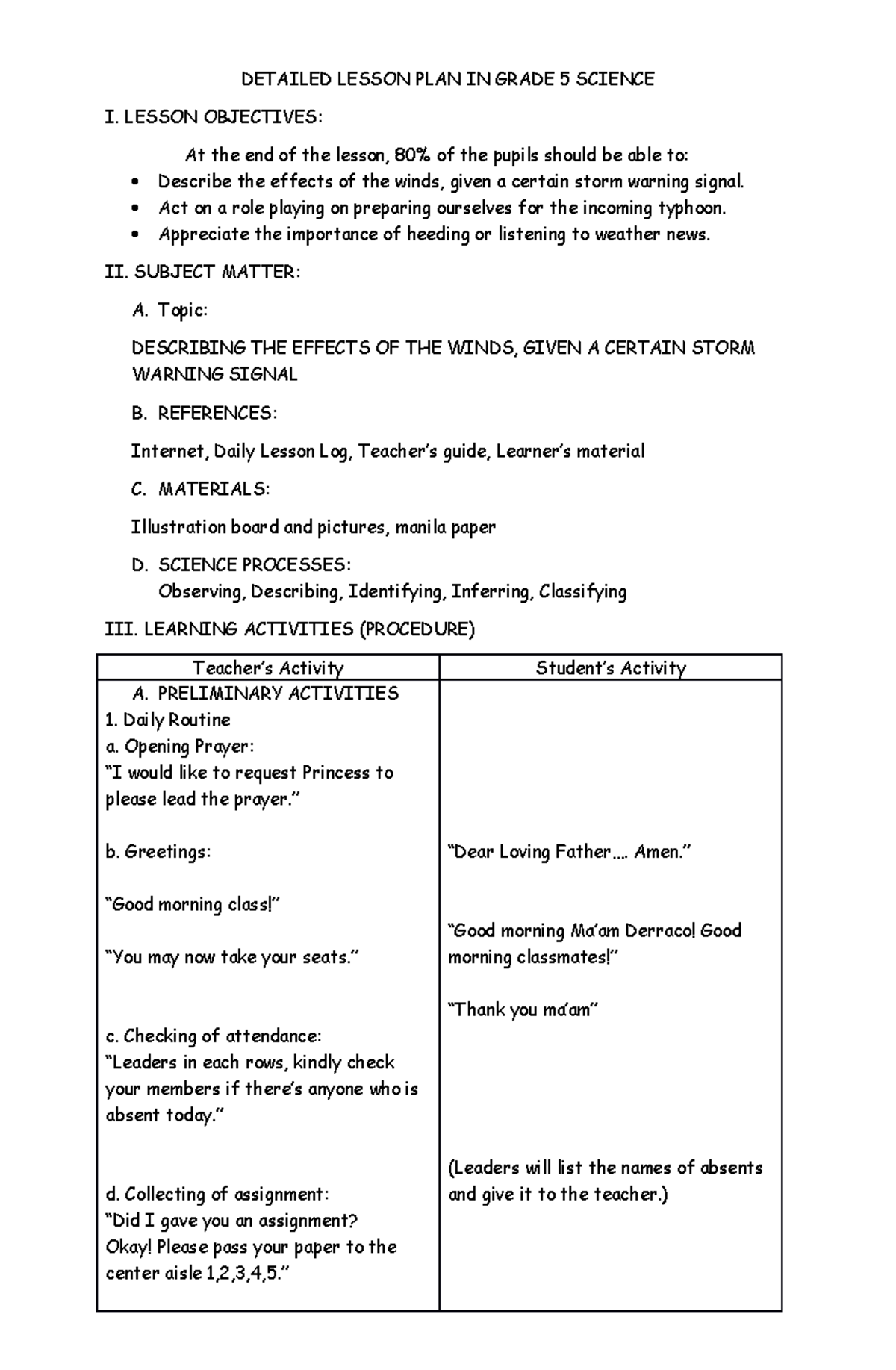 Lesson Plan For 4th Grade Science