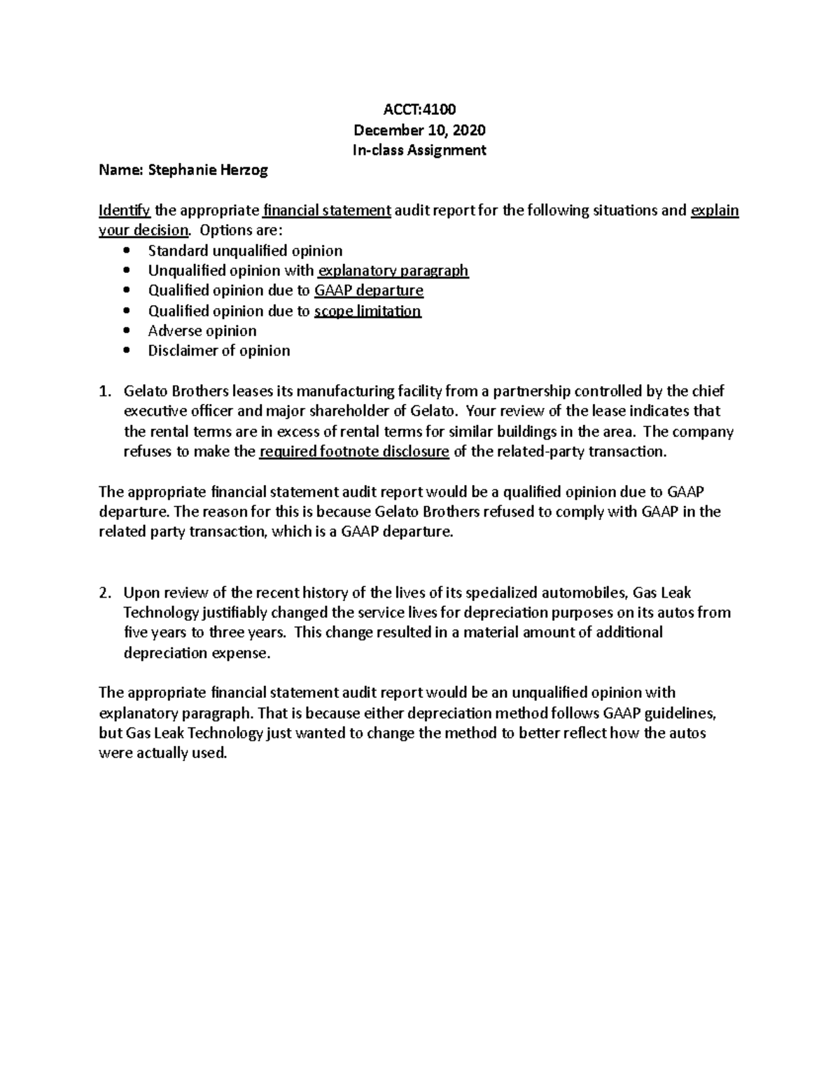December 10 in-class assignment audit - ACCT: December 10, 2020 In ...