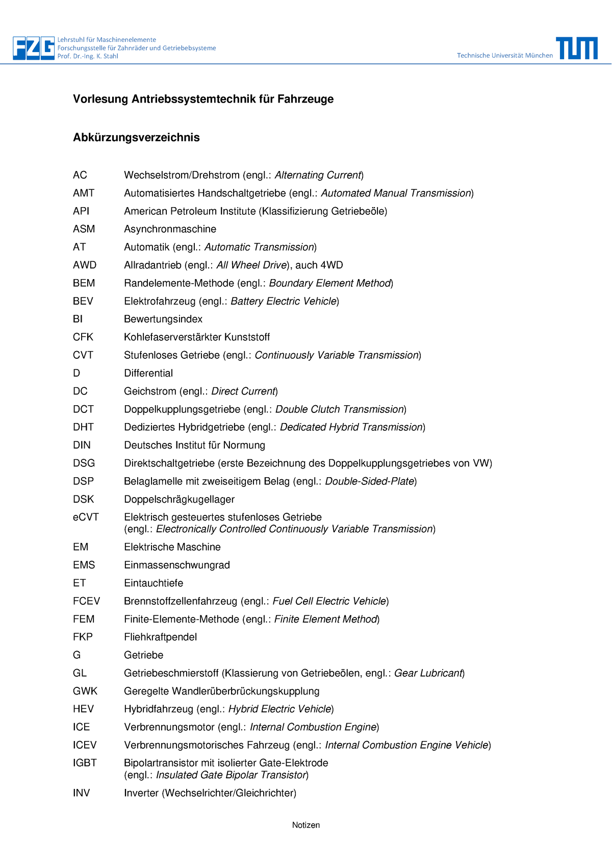 Abkuerzungsverzeichnis - Notizen Lehrstuhl Für Maschinenelemente ...