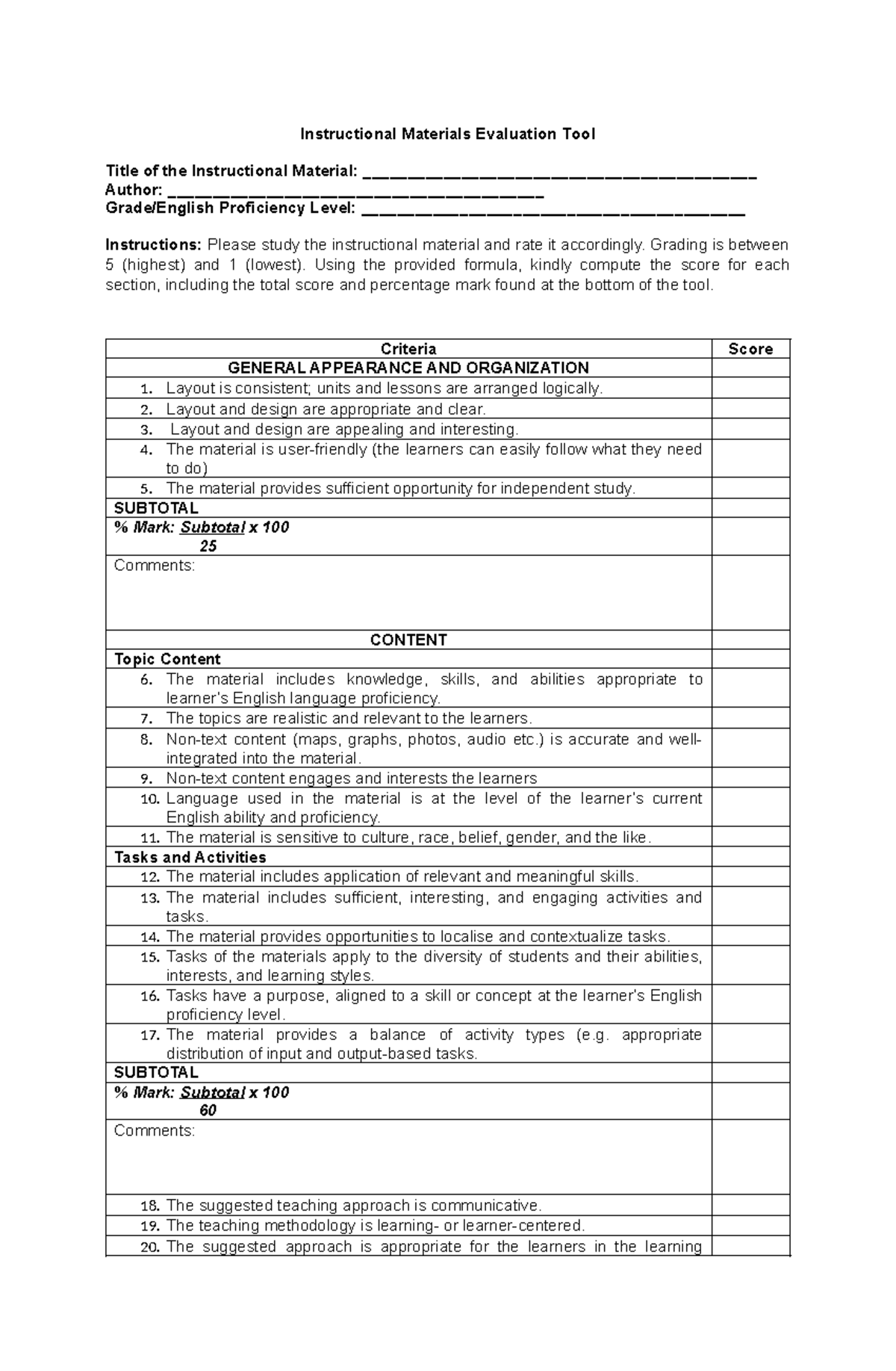 Instructional Materials Evaluation Tool Grading is between 5 (highest
