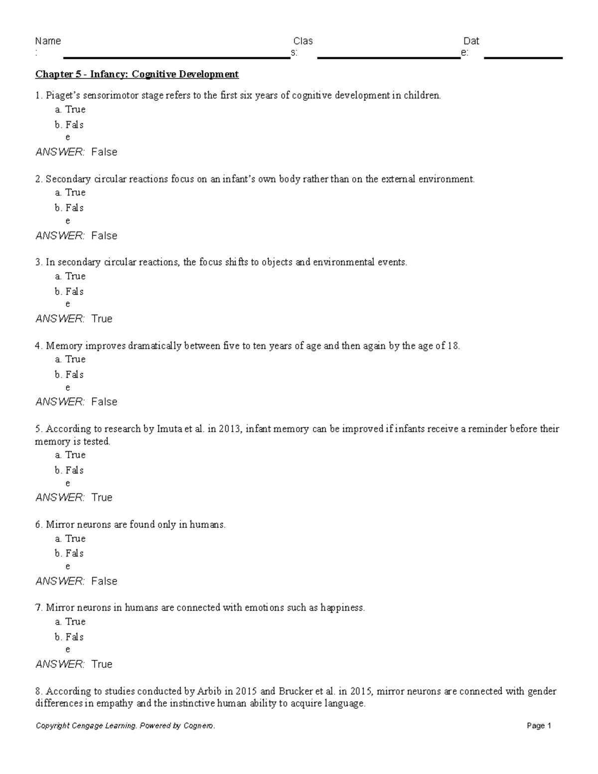 Chapter 5 Infancy Cognitive Development - : s: e: Chapter 5 - Infancy ...