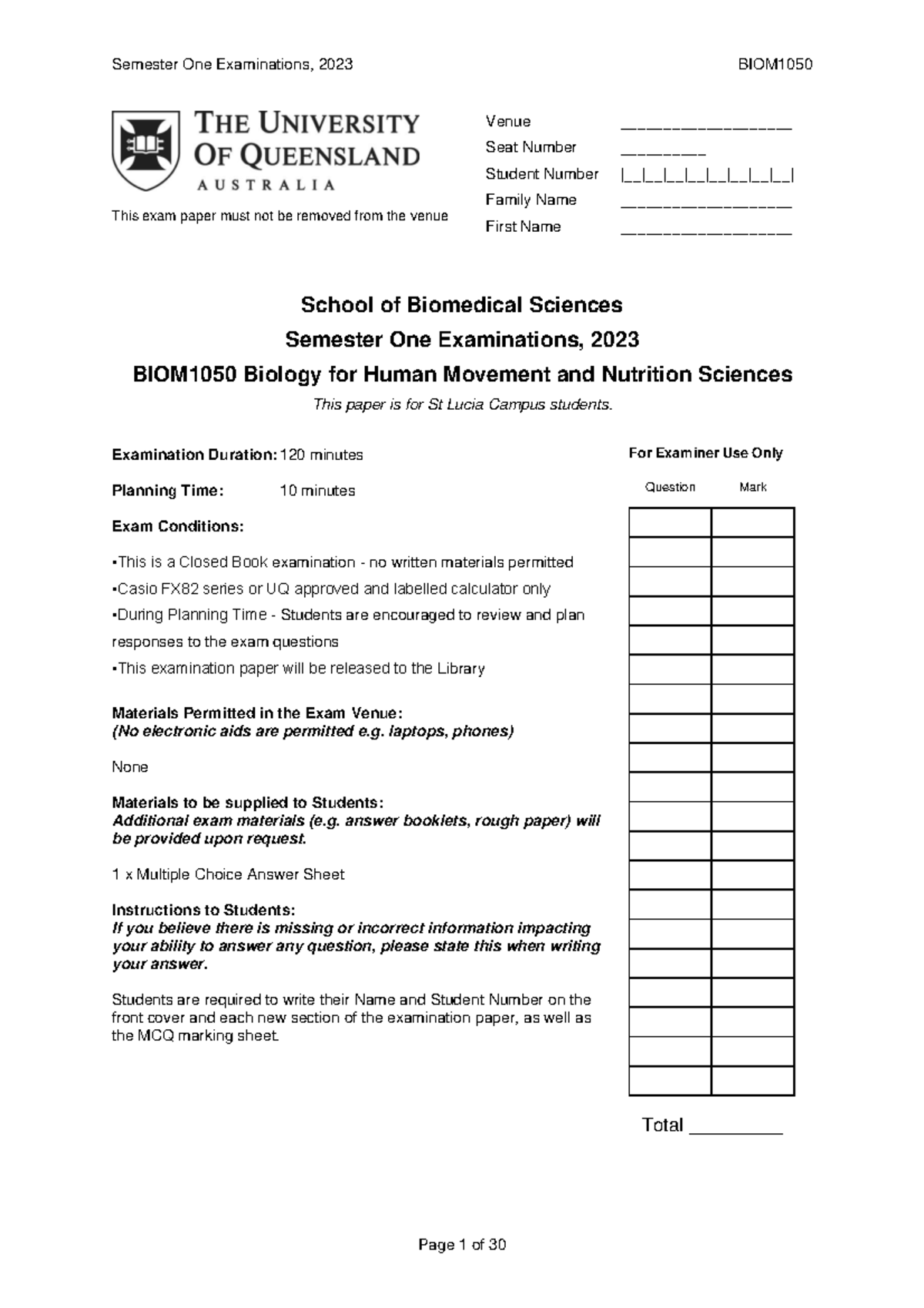 Semester One Final Examination 2023 BIOM1050 - ####### This exam paper ...
