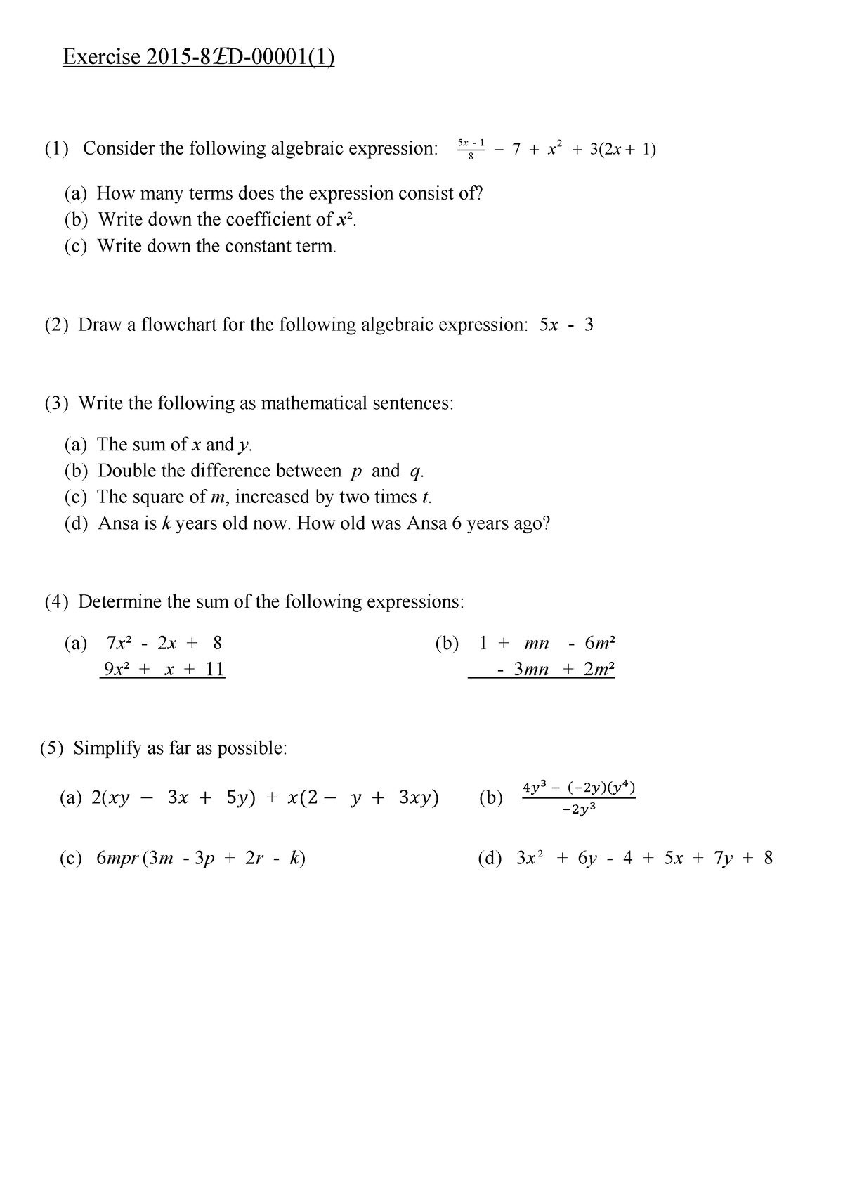 Algebraic expressions worksheet - Exercise 2015-8ED-00001(1) (1 ...