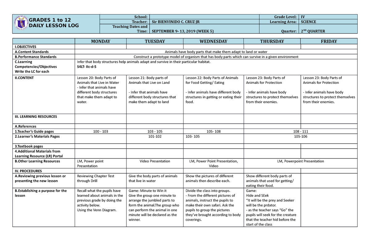 DLL Science 4 Q2 W5 - For teaching - GRADES 1 to 12 DAILY LESSON LOG ...