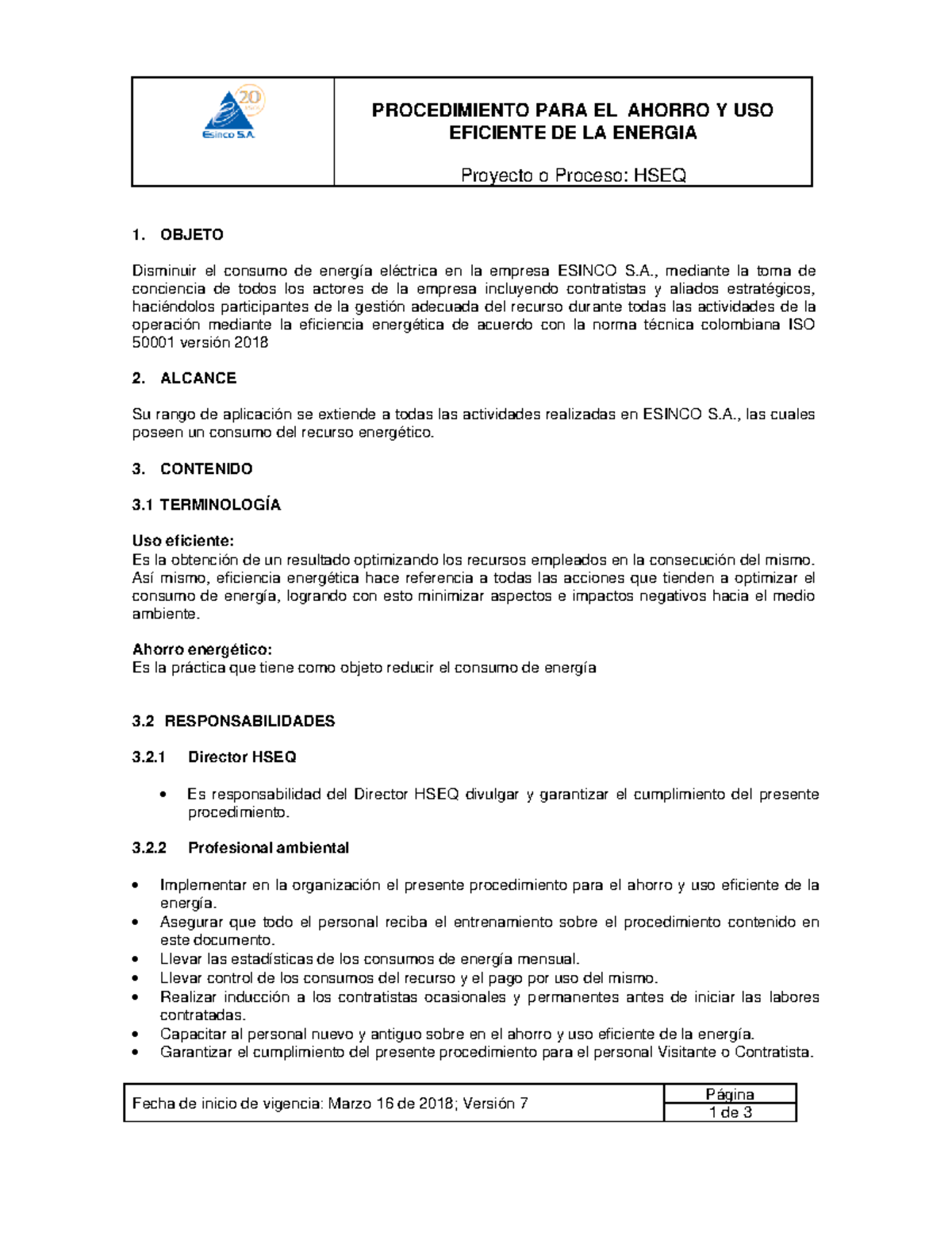 Procedimiento PLAN Ahorro Y USO Eficiente Energia PROCEDIMIENTO PARA 
