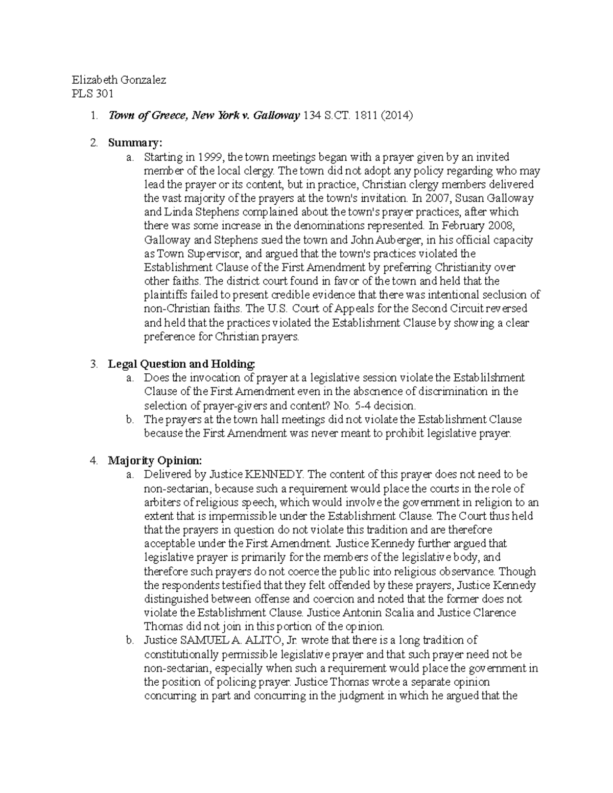 Town of Greece v. Galloway Brief Elizabeth Gonzalez PLS 301 Town of