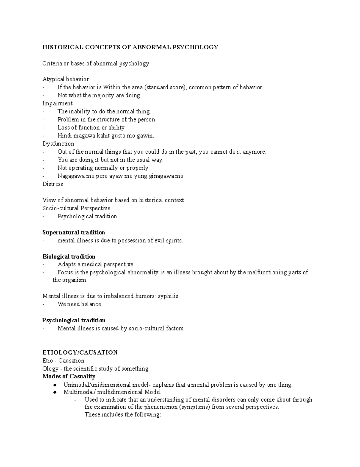 Abnormal Psychology Notes - HISTORICAL CONCEPTS OF ABNORMAL PSYCHOLOGY ...