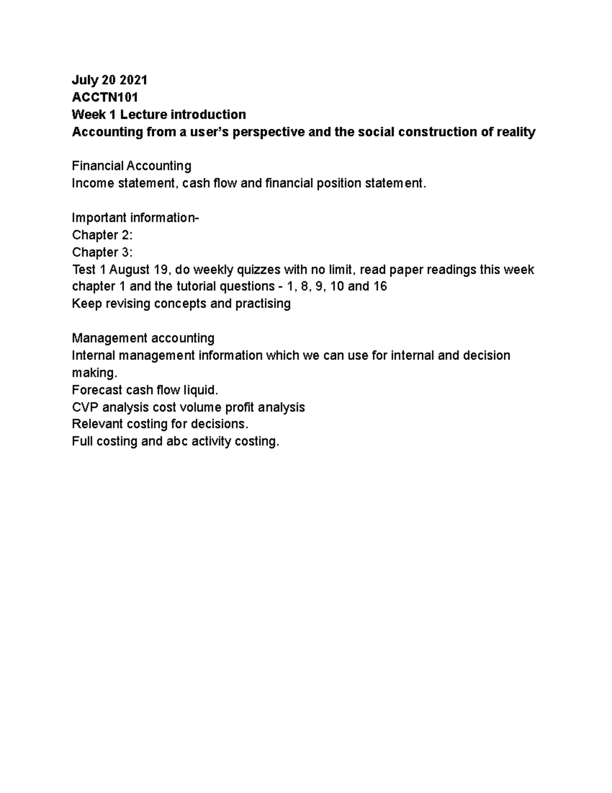 Accounting for management week 1 - July 20 2021 ACCTN Week 1 Lecture ...