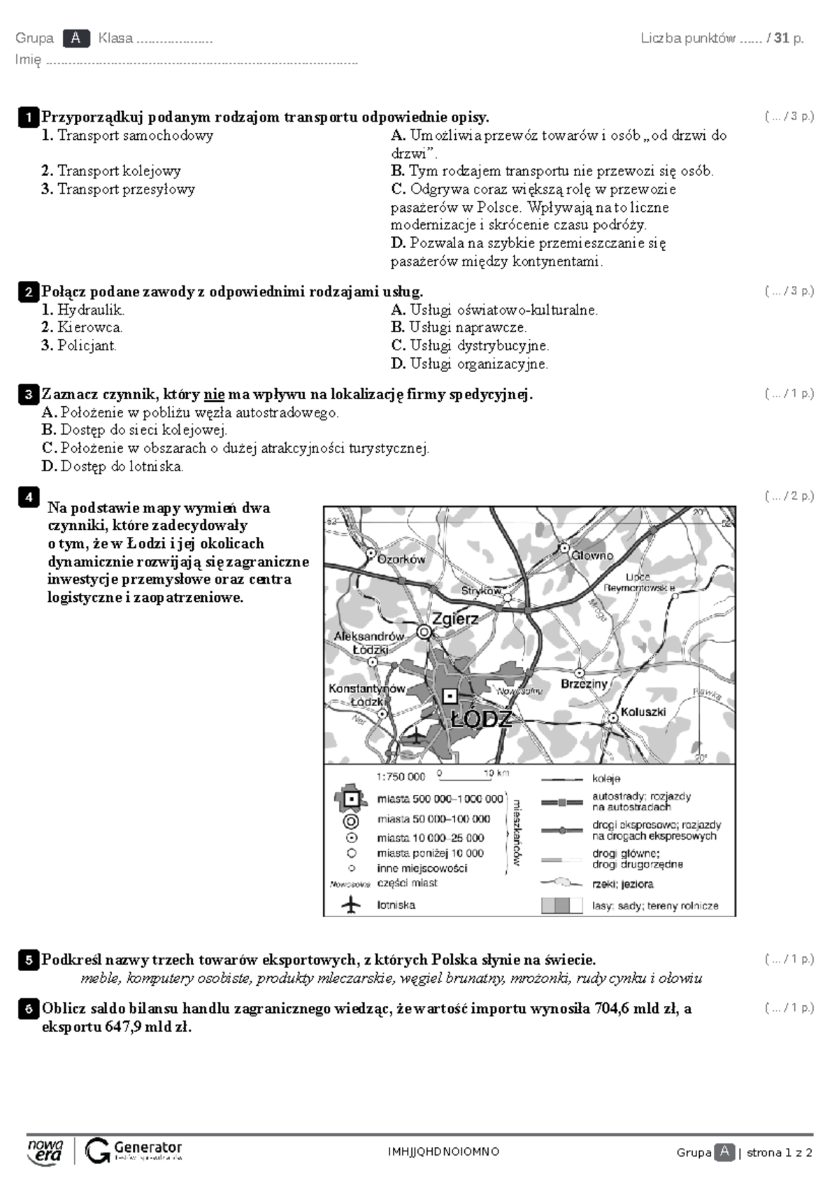 Test rozdział 4. Usługi w Polsce Test (z widoczną punktacją