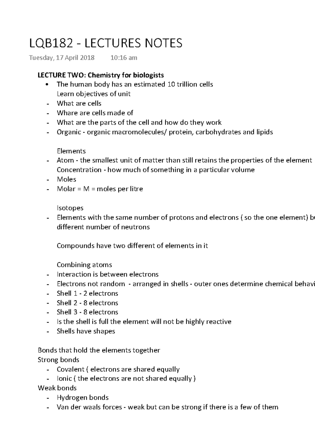 LQB182 - Lectures Notes - LQB182 - LECTURES NOTES Tuesday, 17 April ...