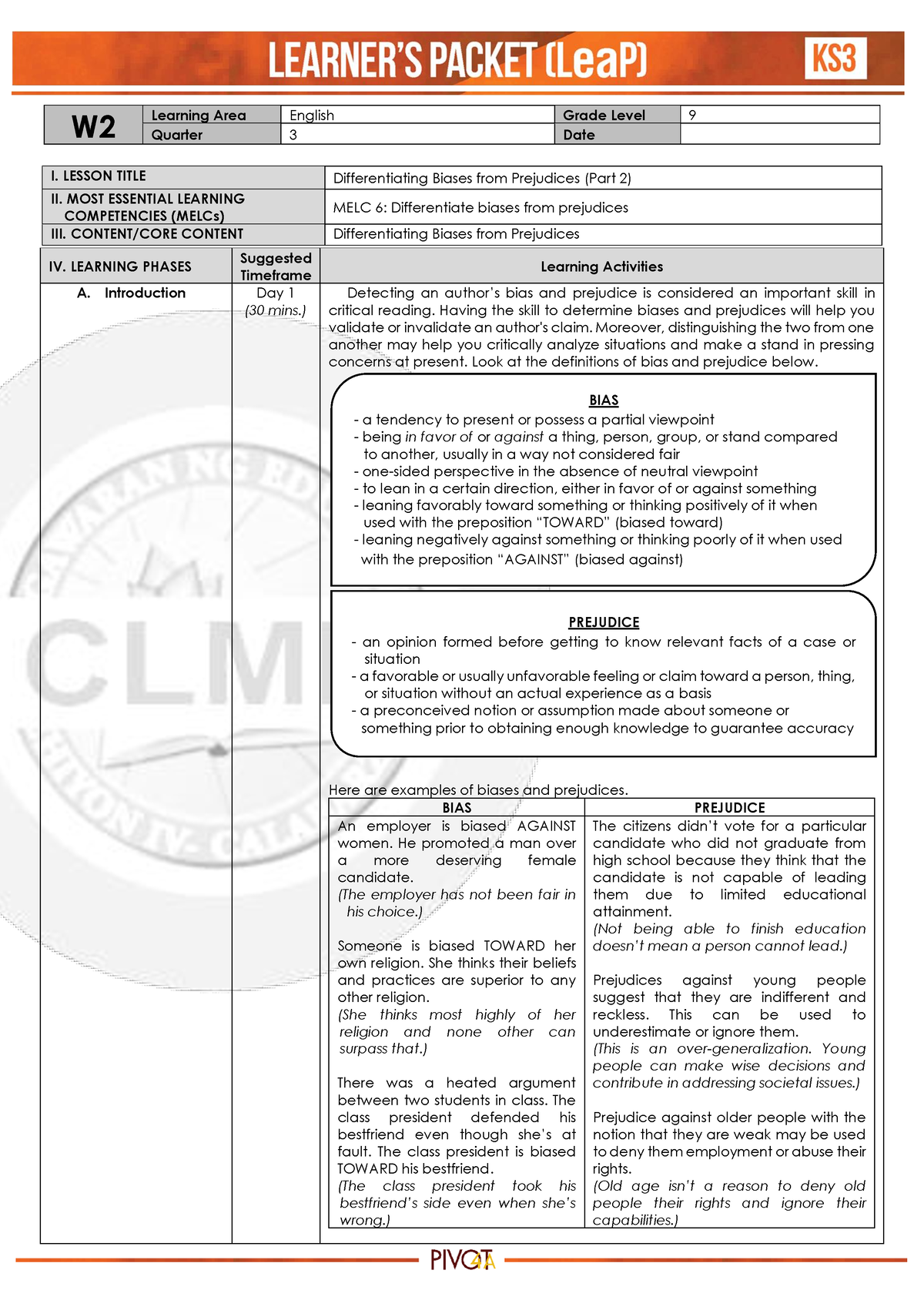 English 9 Q3 Week 2 - W Learning Area English Grade Level 9 Quarter 3 ...