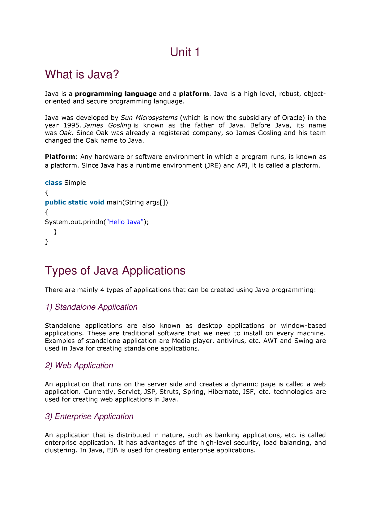 JAVA UNIT-1 - Java - Unit 1 What is Java? Java is a programming ...