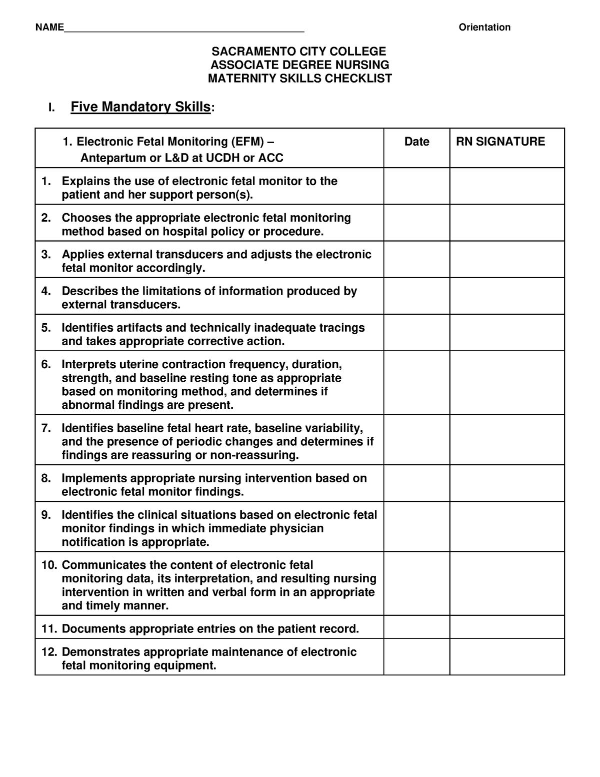 OB Skills Checklist SACRAMENTO CITY COLLEGE ASSOCIATE DEGREE NURSING