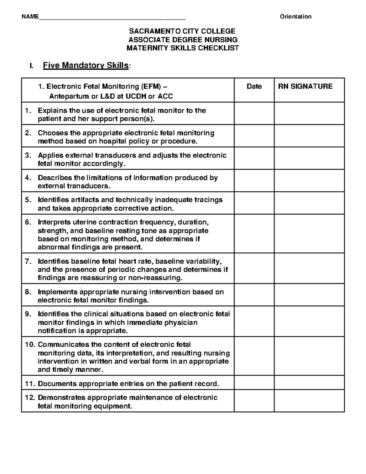 OB Skills Checklist SACRAMENTO CITY COLLEGE ASSOCIATE DEGREE NURSING