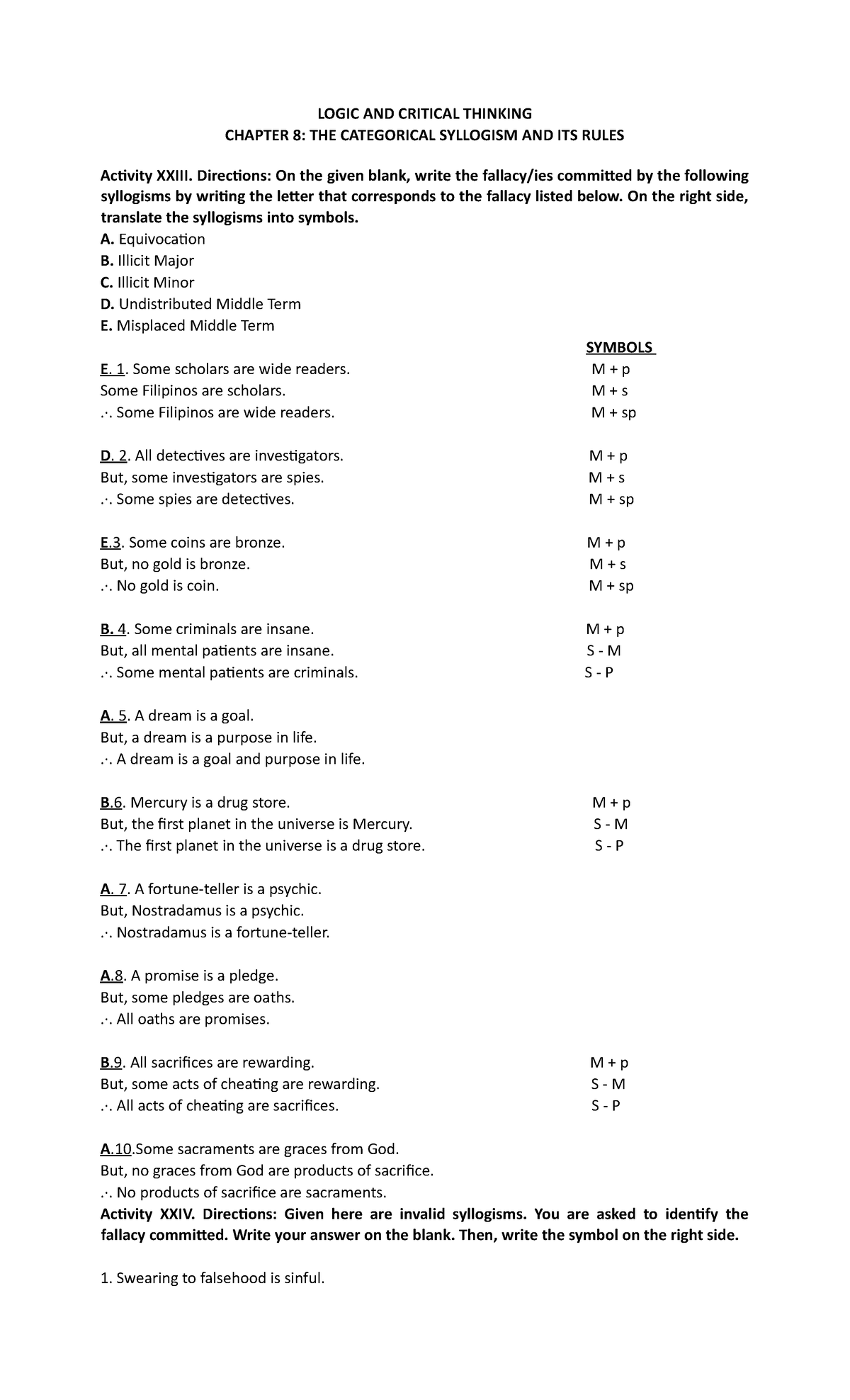 Activity 8 Chapter 8 - Notes - LOGIC AND CRITICAL THINKING CHAPTER 8 ...
