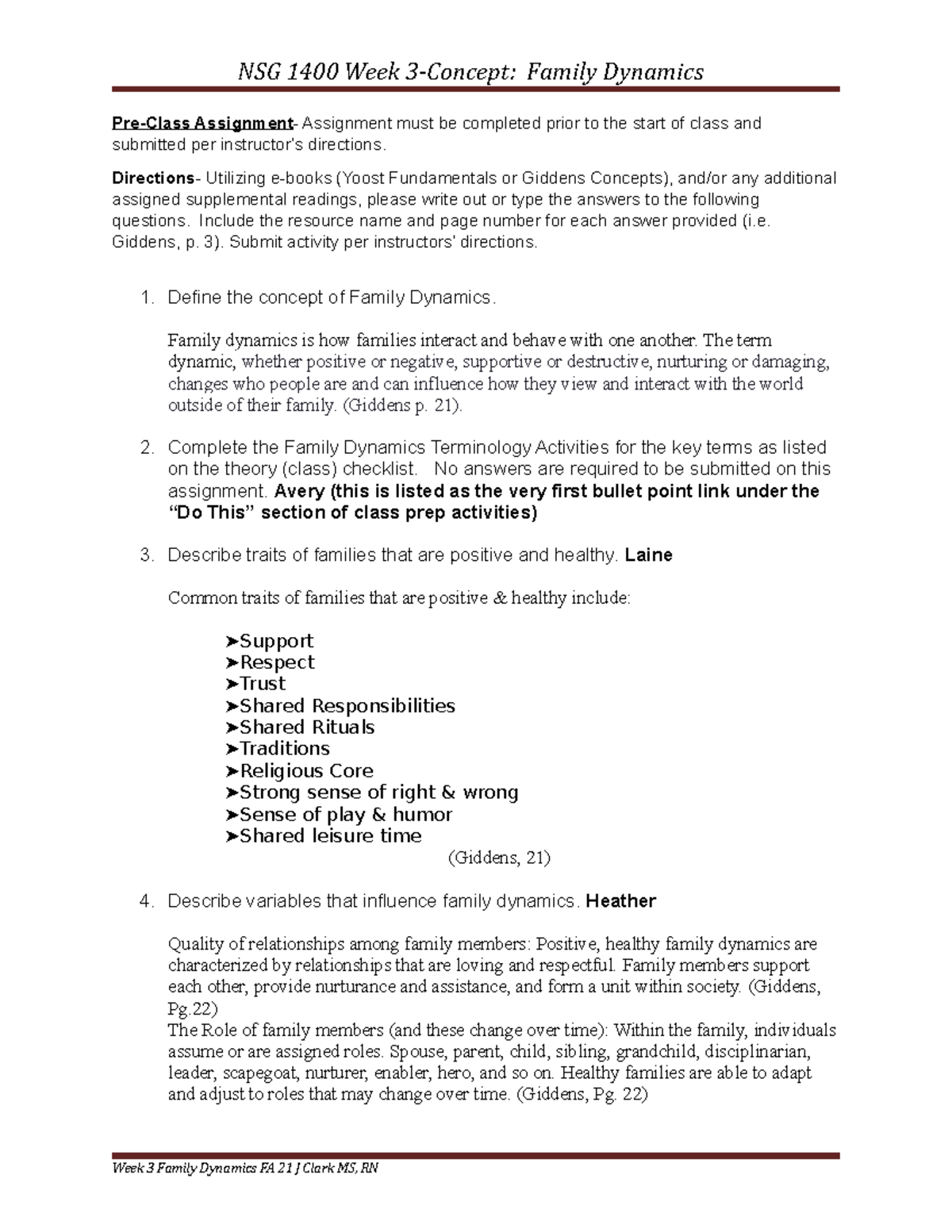 Copy of Family Dynamics Pre Class Assignment NSG 1400 Week 3Concept