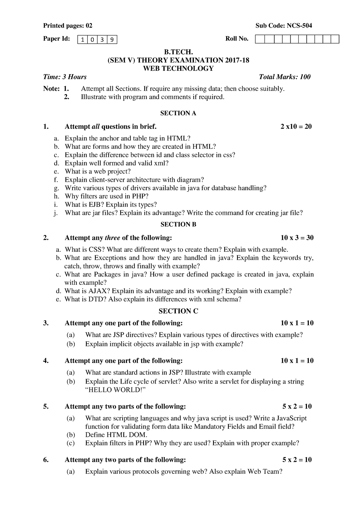 WEB Technology NCS 504 - .... - Printed pages: 02 Sub Code: NCS- Paper ...