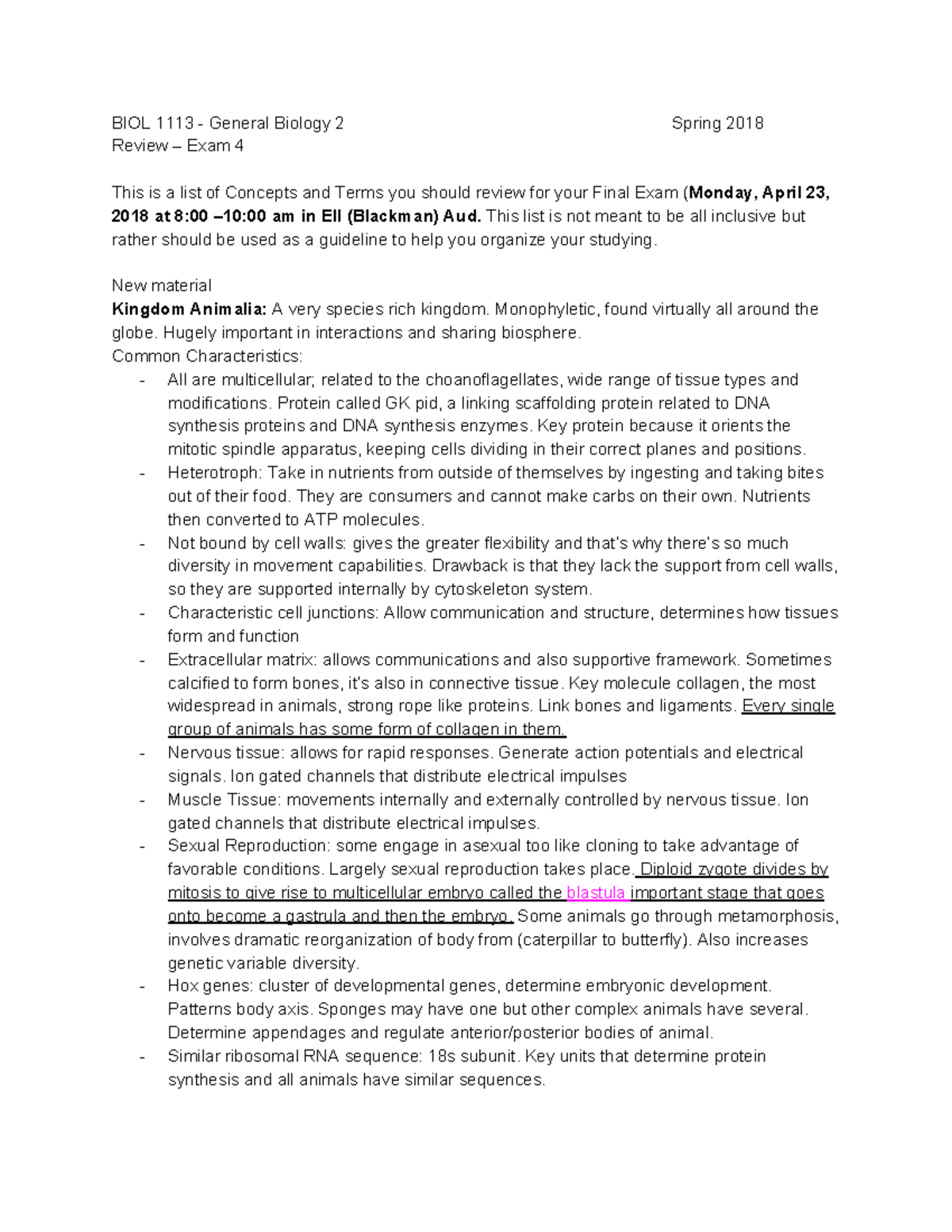 Bio Final Study Guide BIOL 1113 General Biology 2 Spring 2018