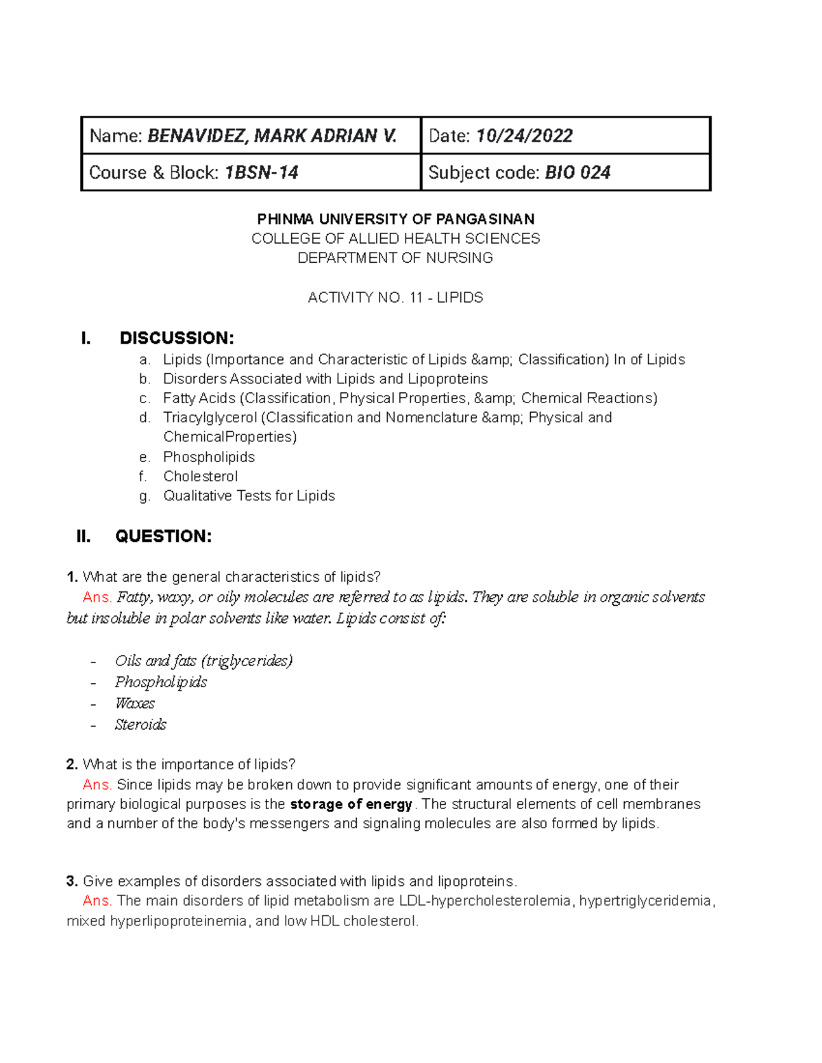 (BIO 024) Activity no. 11 - Lipids - Name: BENAVIDEZ, MARK ADRIAN V ...